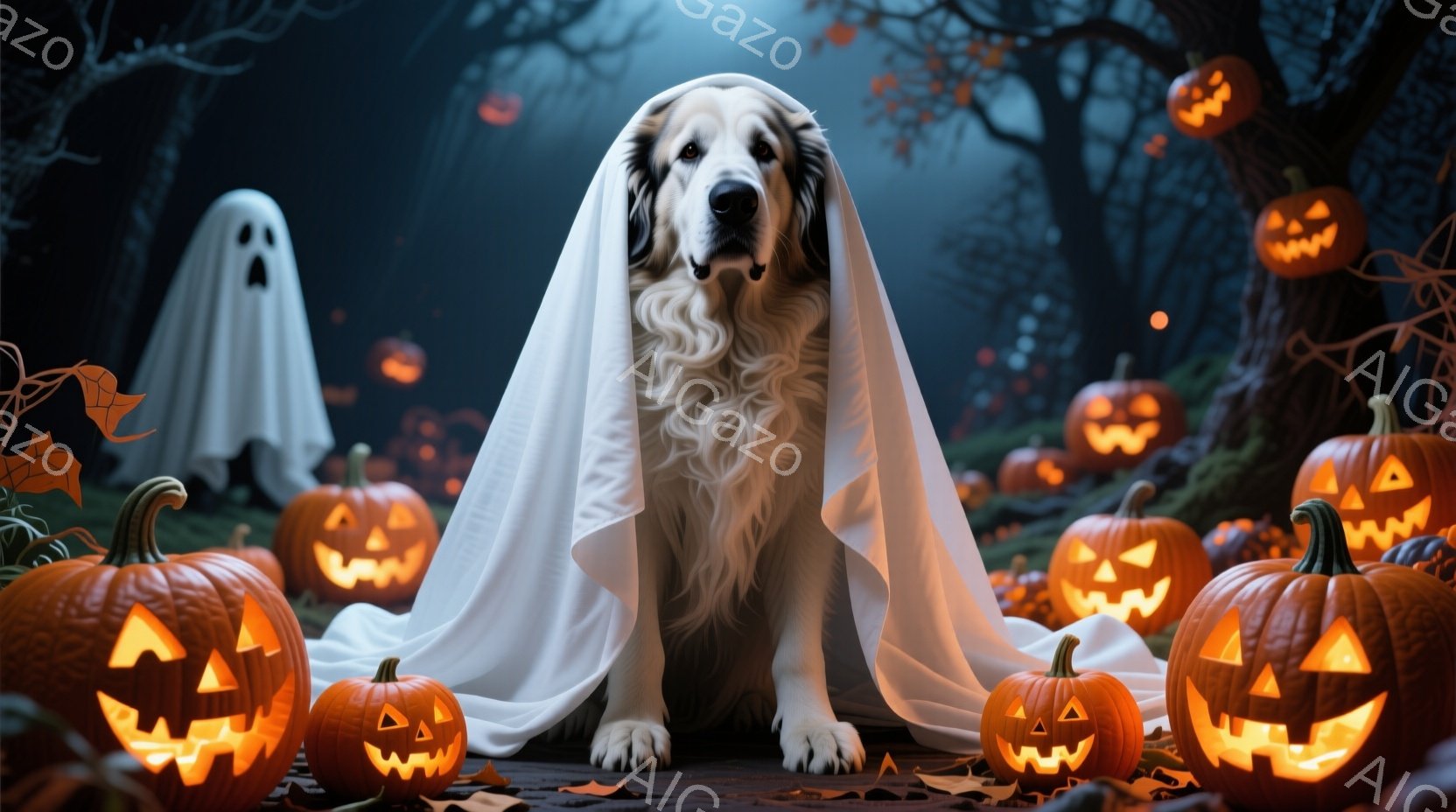 白い毛並みの犬がハロウィーンの仮装で幽霊のような白い布を身にまとっています。周囲にはジャック・オ・ランタンが散らばり、背景には暗い森が広がっています。全体的に、ハロウィーンの夜を思わせる幻想的で少し不 - AI生成フリー素材