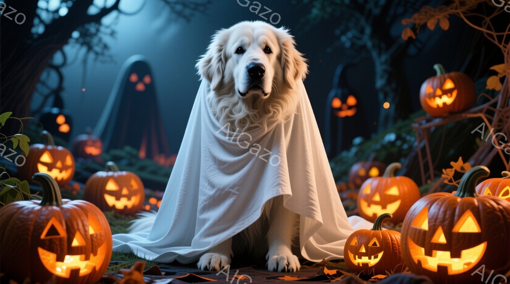 白い毛並みの大型犬が、ハロウィーンの仮装として白い布を肩に掛けて座っています。背景には、明るく照らされたジャック・オー・ランタンや、ぼんやりとした幽霊のシルエットが見え、暗く不気味な森が広がっています - AI生成フリー素材