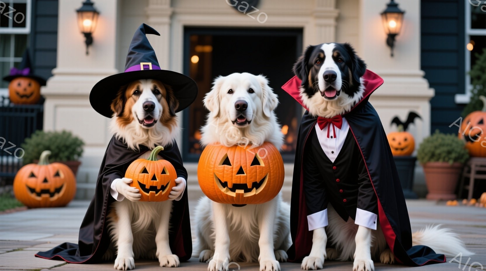 ハロウィーンの飾り付けがされた家の前に、3匹の犬が並んで座っています。それぞれハロウィーンの仮装をしており、左の犬は魔女の帽子とマント、中央の犬はジャック・オ・ランタン、右の犬は吸血鬼のコスチュームを - AI生成フリー素材