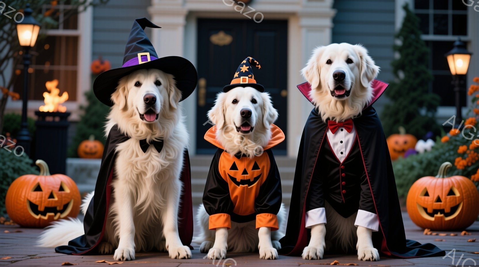 三匹の白い犬がハロウィーンの衣装を着て、石畳の道に並んで座っています。左の犬は魔女の帽子とマント、中央の犬はジャック・オー・ランタンの衣装、右の犬はドラキュラの衣装を着ており、それぞれ可愛らしい表情を - AI生成フリー素材