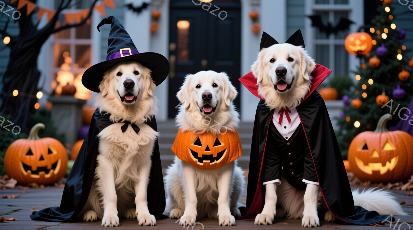 白い犬たちがハロウィーンの衣装を着て、正面を向いて座っています。左の犬は魔女の帽子とマント、真ん中の犬はジャック・オー・ランタン型のベスト、右の犬はドラキュラの衣装を着ており、それぞれ可愛らしい表情を - AI生成フリー素材