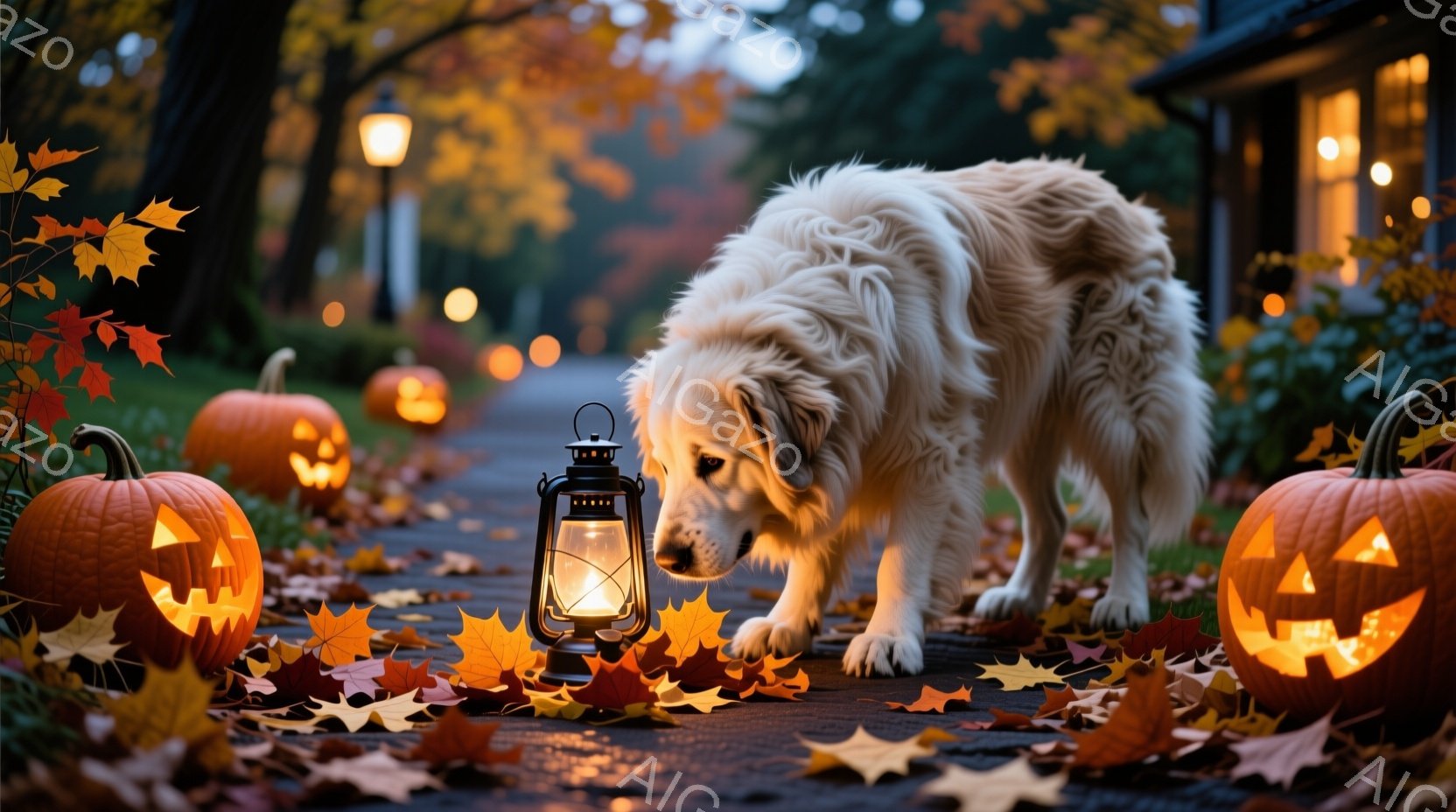 舗装された道には、散らばった紅葉と、様々な大きさのジャック・オ・ランタンが並んでいる。毛並みの美しい大型犬が、地面に置かれた提灯を見つめており、秋の夜の静けさの中に温かい光が灯っている。背景には、ぼんやりと建物が見え、全体的に落ち着いた、ノスタルジックな雰囲気が漂っている。