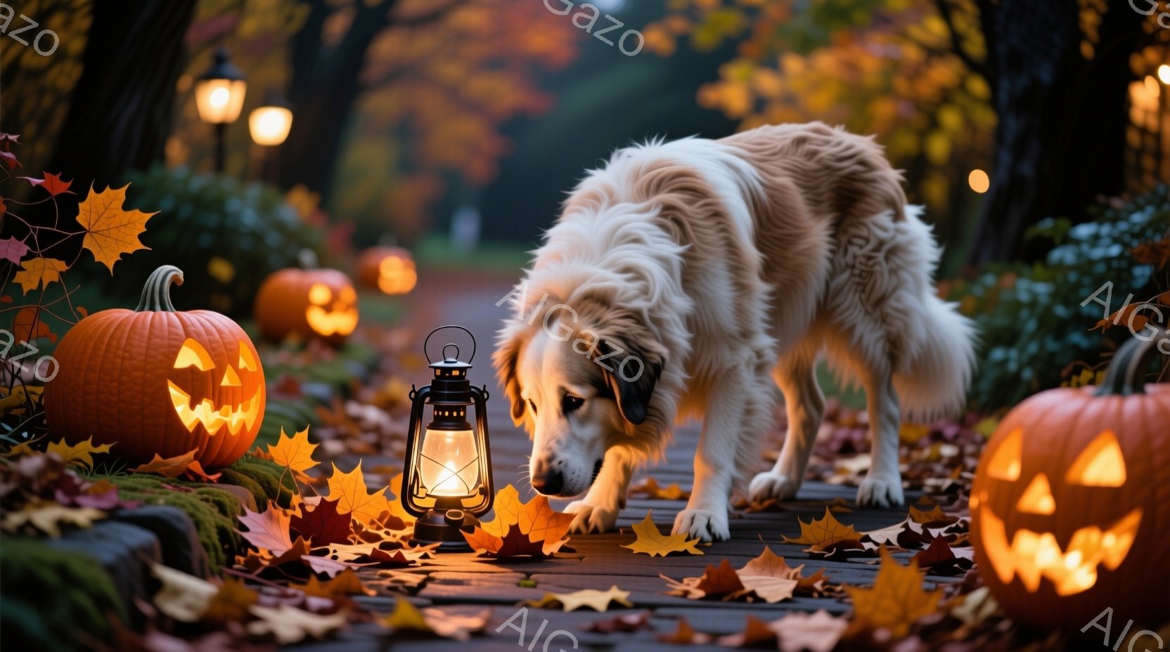 庭園の小道に、彫刻が施されたカボチャが並び、落ち葉が散らばっています。毛並みの美しい大型犬が、点灯したランタンの近くを注意深く歩いており、その姿は秋の夕暮れ時の穏やかな雰囲気に包まれています。背景にはぼやけた木々と、薄暗く光る街灯があり、ハロウィーンの趣を醸し出しています。
