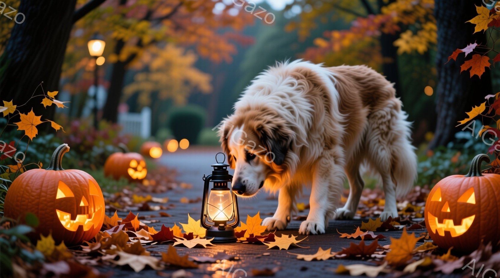 舗装された道に彫刻が施されたカボチャが並び、その中央には点灯したランタンが置かれている。大きな白い毛並みの犬が、前足を伸ばしてランタンに近づき、興味深そうに匂いを嗅いでいる。背景には紅葉した木々が立ち - AI生成フリー素材