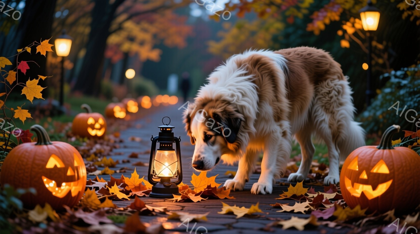 石畳の道に、ハロウィーンの飾り付けであるジャック・オ・ランタンと紅葉が散らばっています。毛並みの美しい大型犬が、点灯されたランタンの近くで前足を伸ばし、興味深そうに覗き込んでいます。背景には木々が立ち - AI生成フリー素材