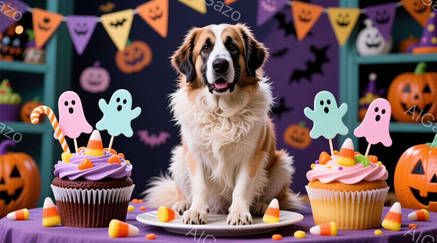 大きな犬が紫色のテーブルの前に座り、ハロウィーンのカップケーキとキャンディーコーンに囲まれています。背景には、カボチャと幽霊の飾り付けがあり、ハロウィーンの雰囲気を高めています。犬は前足をテーブルに置き、静かに座って、まるでハロウィーンのおやつを楽しみにしているようです。