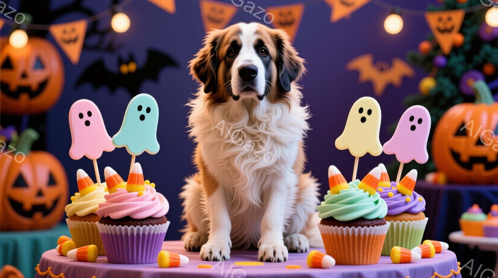 白い毛並みで堂々とした表情のセント・バーナード犬が、紫色のテーブルの上に座っています。テーブルの上には、ハロウィーンをテーマにしたカップケーキとキャンディーコーンが飾られており、ハロウィーンの装飾が背景にあります。全体的に、お祝いムードで可愛らしい雰囲気です。