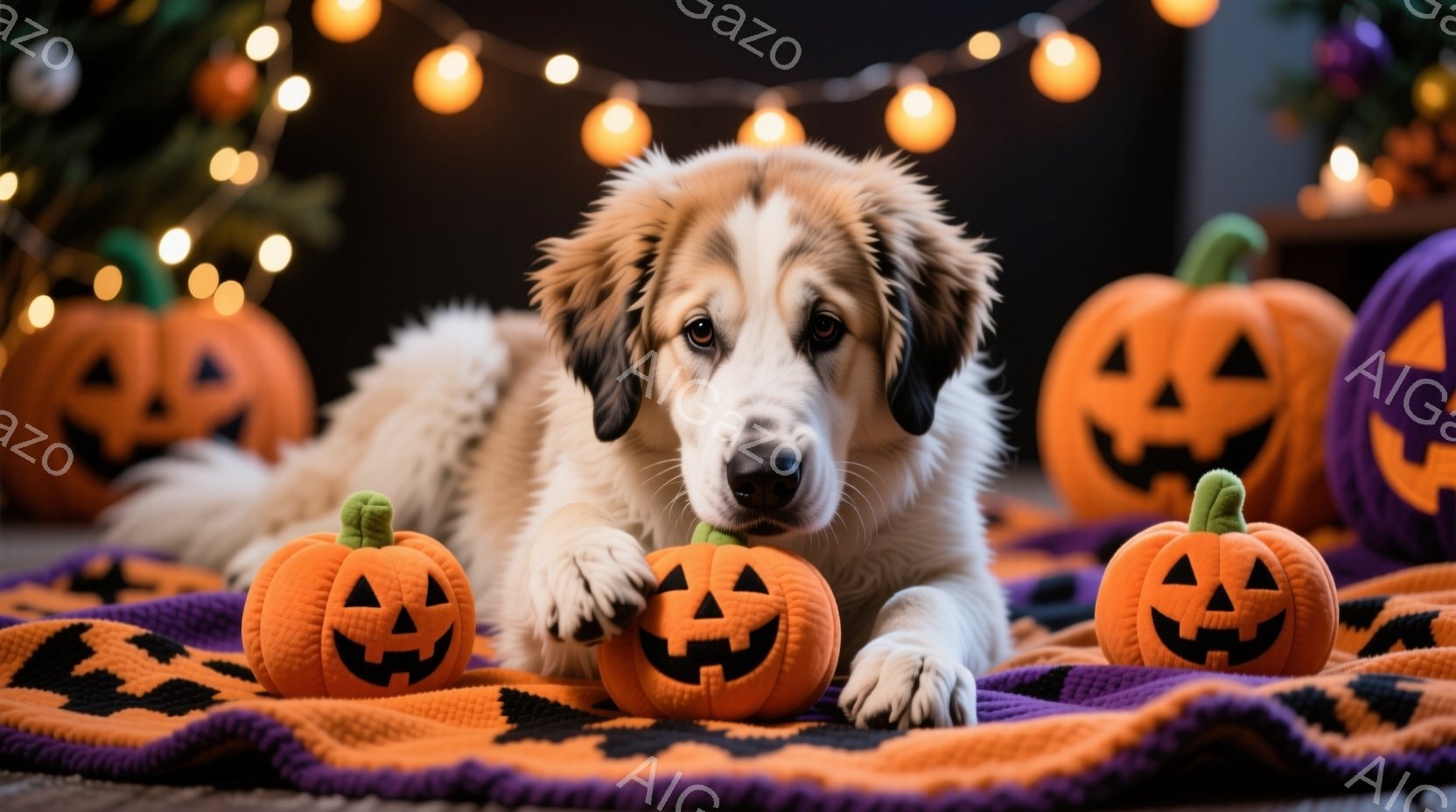 長い毛並みのクリーム色の犬が、ハロウィーンのオレンジ色のカボチャの置物と紫色の毛布の上に横たわっています。犬はリラックスした表情で、まるでカボチャを守っているかのようです。背景には、点灯したオレンジ色 - AI生成フリー素材