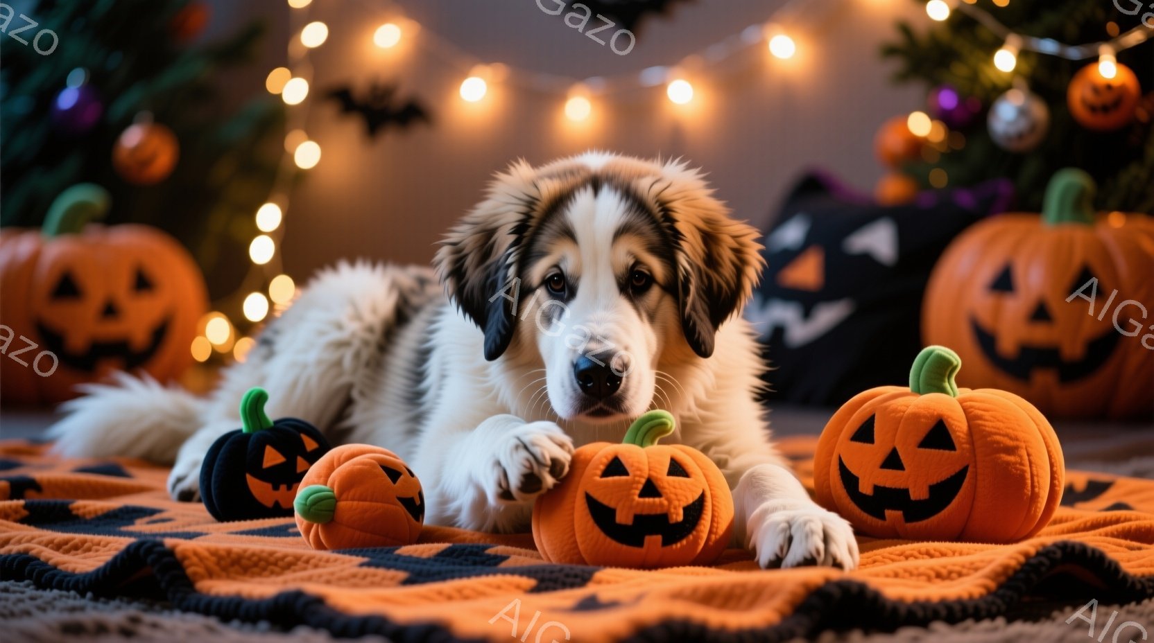 白と茶色の毛並みを持つ大型犬が、オレンジと黒のチェック柄の敷物の上で、ハロウィーンの飾りであるカボチャのぬいぐるみに囲まれて横たわっています。犬はリラックスした表情で、穏やかな雰囲気の中で暖かく照らさ - AI生成フリー素材
