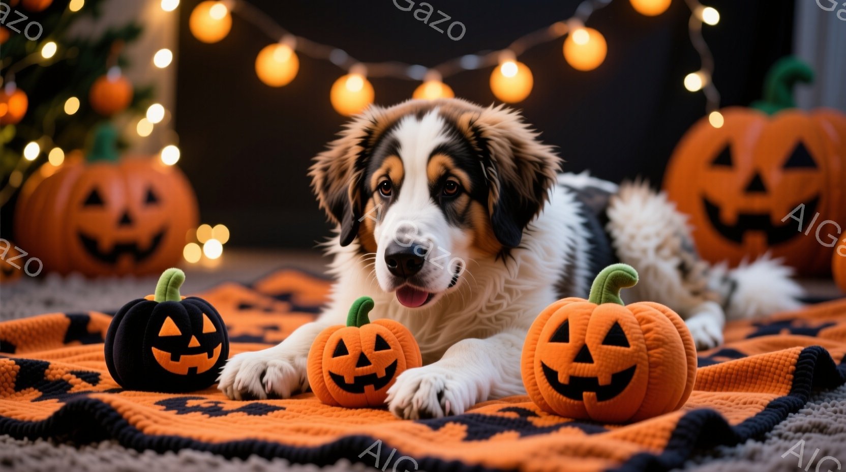 白と茶色の毛並みの犬が、ハロウィーン風のオレンジと黒の毛布の上に横たわっており、その周りには様々な大きさのオレンジ色のジャック・オー・ランタンのおもちゃが置かれています。犬は穏やかな表情でカメラを見つ - AI生成フリー素材
