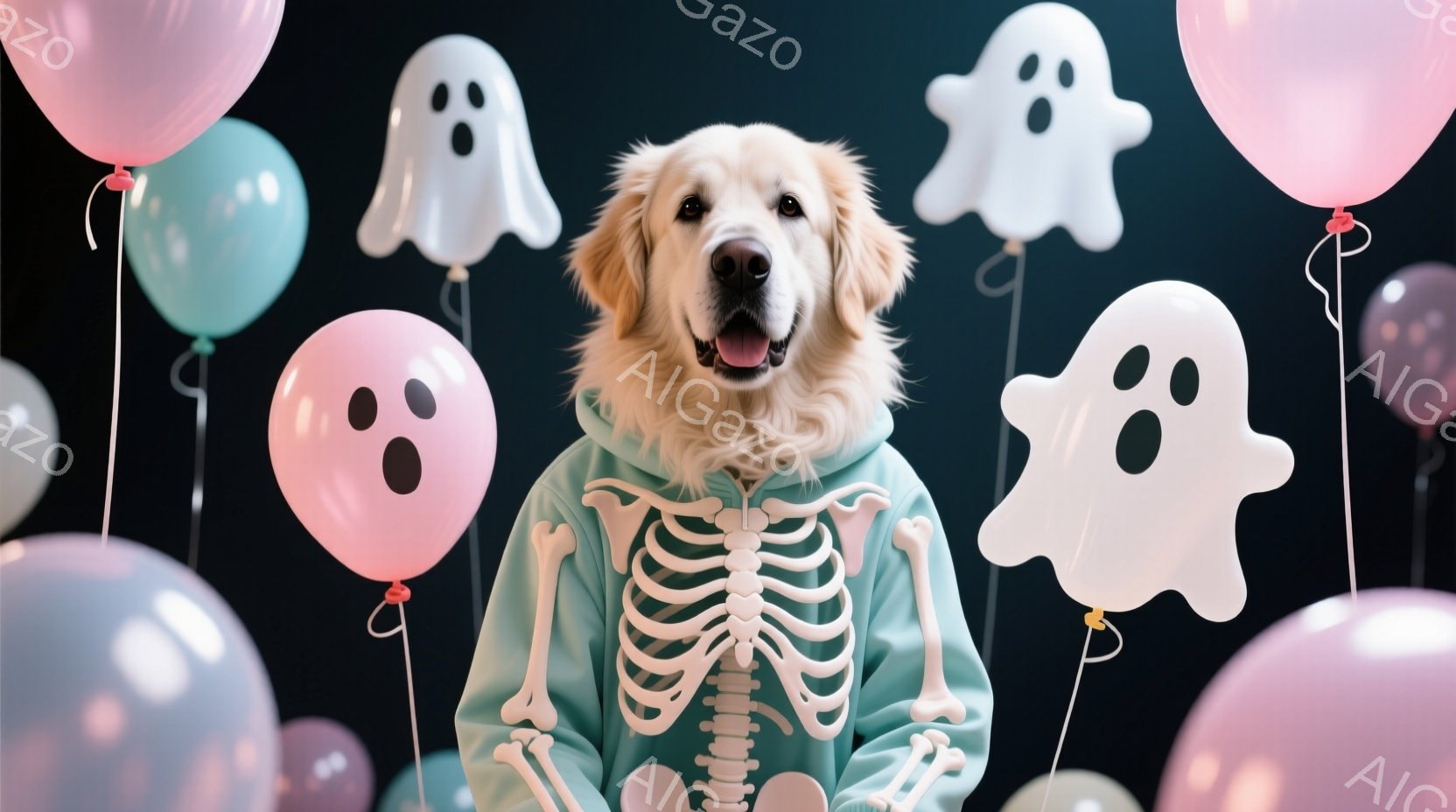 金色の毛並みの犬が、骸骨模様の薄い水色のスウェットシャツを着てカメラに向かって正面を向いています。犬は口を開けて楽しそうに微笑んでおり、その表情は非常に愛らしいです。背景には、ピンク、紫、水色の風船や幽霊の形をした風船が浮かび、ハロウィーンらしい陽気な雰囲気を醸し出しています。
