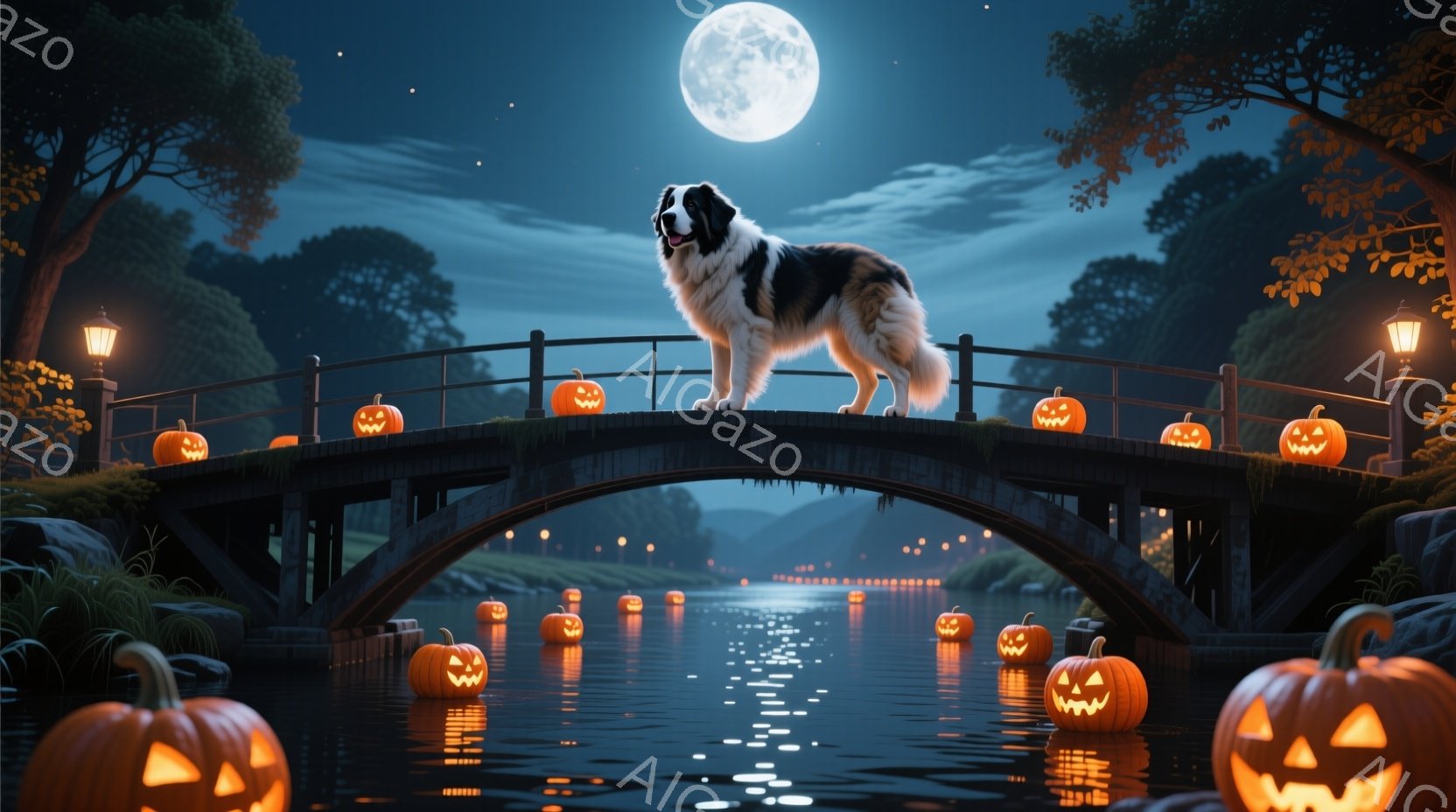 アーチ型の橋の上には、白と黒の毛並みが美しい大型犬が立っており、遠くを見つめています。橋の周りと水面には、ハロウィーンの象徴であるジャック・オー・ランタンが散りばめられ、背景には暗い森と満月が夜空を照 - AI生成フリー素材