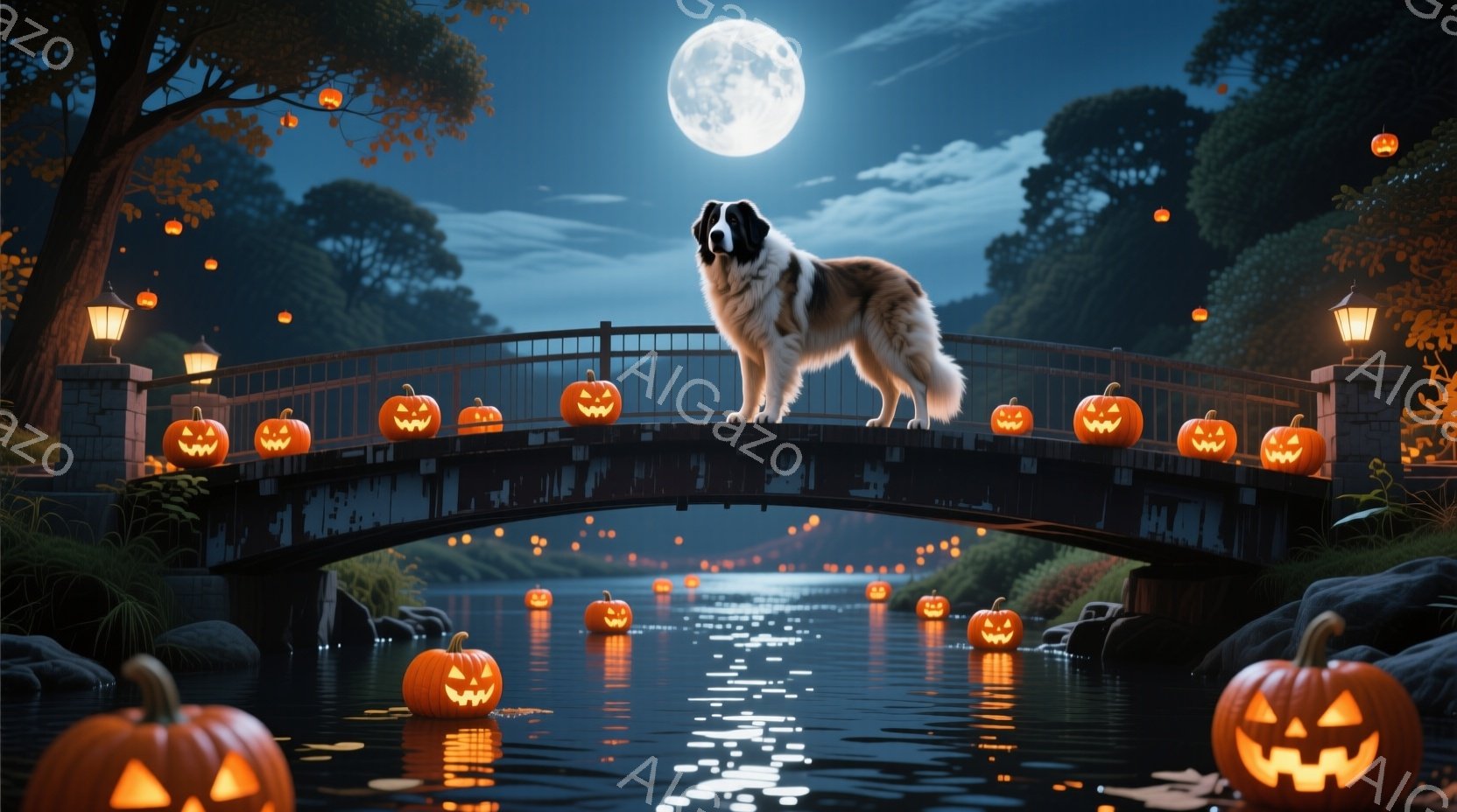 満月の夜、アーチ橋の上で白い毛並みの大型犬が凛と立っている。橋の欄干や水面にはジャック・オ・ランタンが浮かび、周囲には暗いシルエットの木々が並び、ハロウィーンの夜の幻想的な雰囲気を醸し出している。水面には月の光が反射し、全体的に神秘的で少し不気味な、季節感あふれる光景が広がっている。