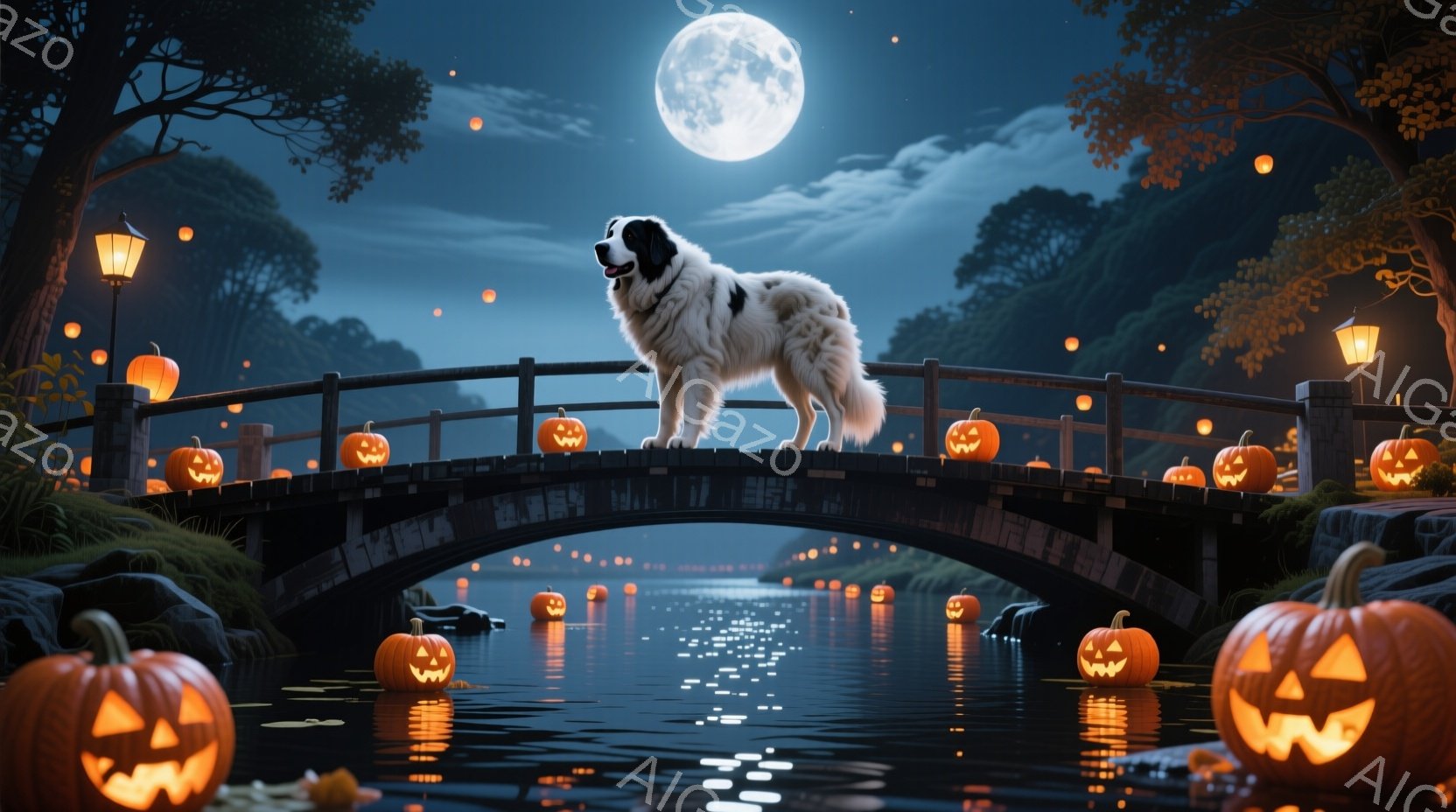 満月の夜、アーチ状の橋の上に白い毛並みの大きな犬が立っている。橋の上や水面には、様々な大きさのジャック・オ・ランタンが浮かび、ハロウィーンの夜を演出している。背景には暗い森と水面が広がり、夜の静寂と幻 - AI生成フリー素材