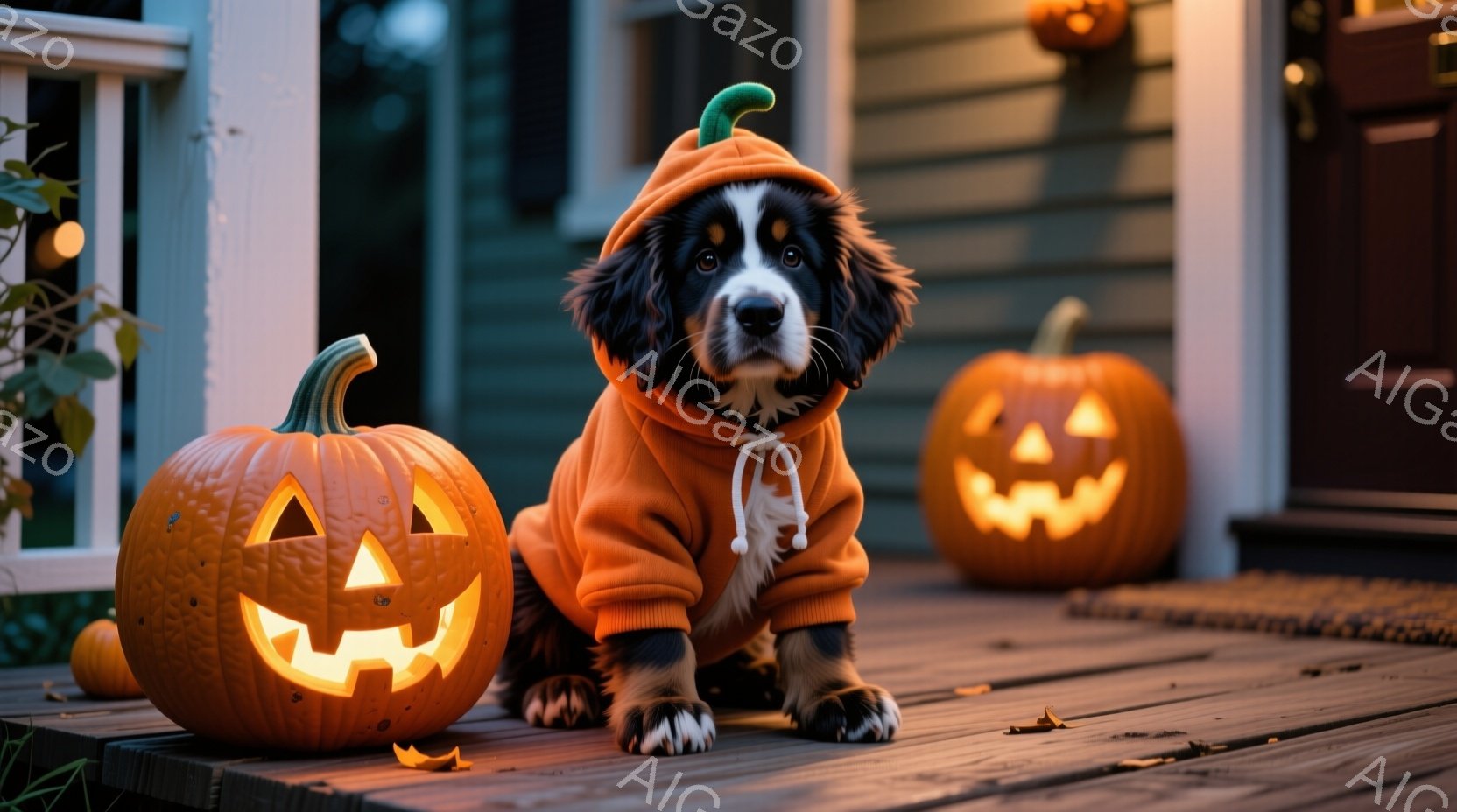 暖炉の光が灯る玄関先に、ハロウィーンの衣装を着た犬が座っている。オレンジ色のパーカーのような衣装は可愛らしく、犬の表情は穏やかで、まるでハロウィーンを楽しんでいるようだ。背景には、様々な大きさのジャック・オ・ランタンが置かれ、落ち葉が散らばるウッドデッキが秋の訪れを感じさせる。