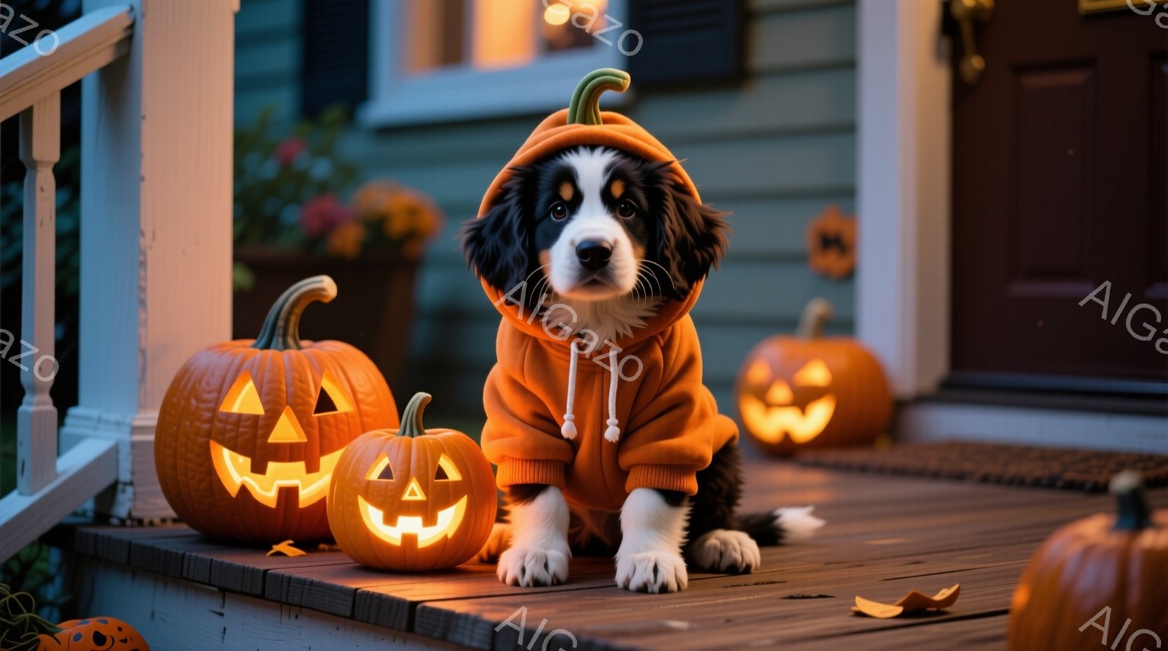 ハロウィーンの飾り付けがされた家の玄関ポーチで、オレンジ色のパーカーを着た犬が座っています。犬は黒と白の毛並みで、真剣で愛らしい表情をしています。背景には、ジャック・オー・ランタンが置かれ、ハロウィーンの雰囲気を作り出しています。