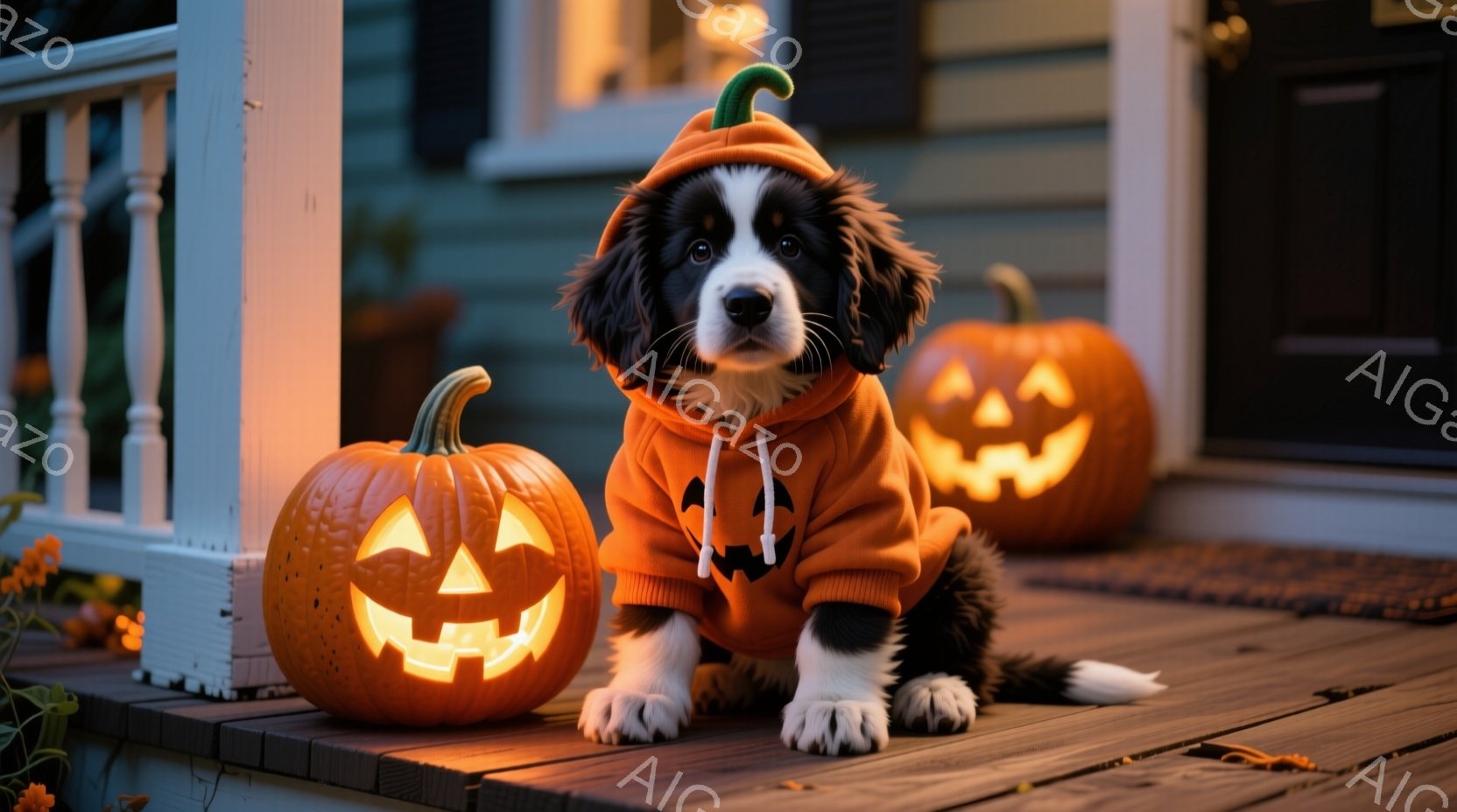 黒と白の毛並みを持つ子犬が、ハロウィンのカボチャ柄のオレンジ色のパーカーを着て、木製のベランダに座っています。カボチャのランタンが子犬の左右に置かれ、ハロウィンの雰囲気を盛り上げています。背景には木造の家が見え、夕暮れ時の優しい光が全体を包み込み、暖かく可愛らしい雰囲気を作り出しています。