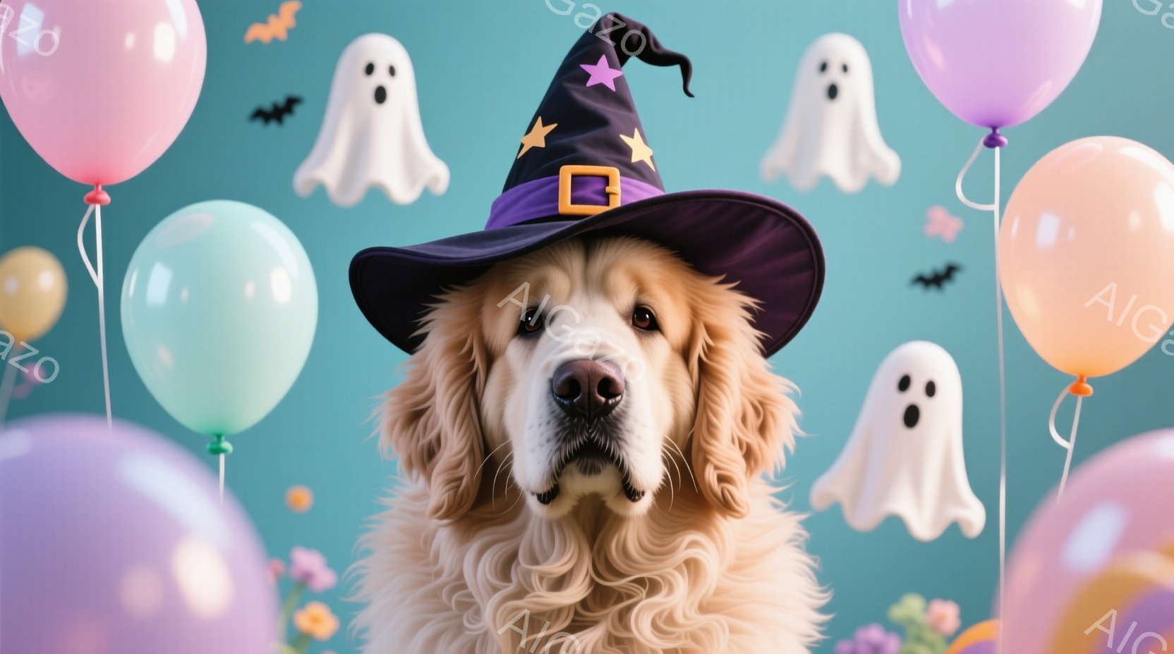 明るい茶色の毛並みを持つゴールデンレトリバーが、ハロウィーンの魔女帽子をかぶって正面を見つめています。背景は水色で、ピンク、紫、オレンジ色の風船や、お化けやコウモリのイラストが浮かび、お祝いの雰囲気を - AI生成フリー素材