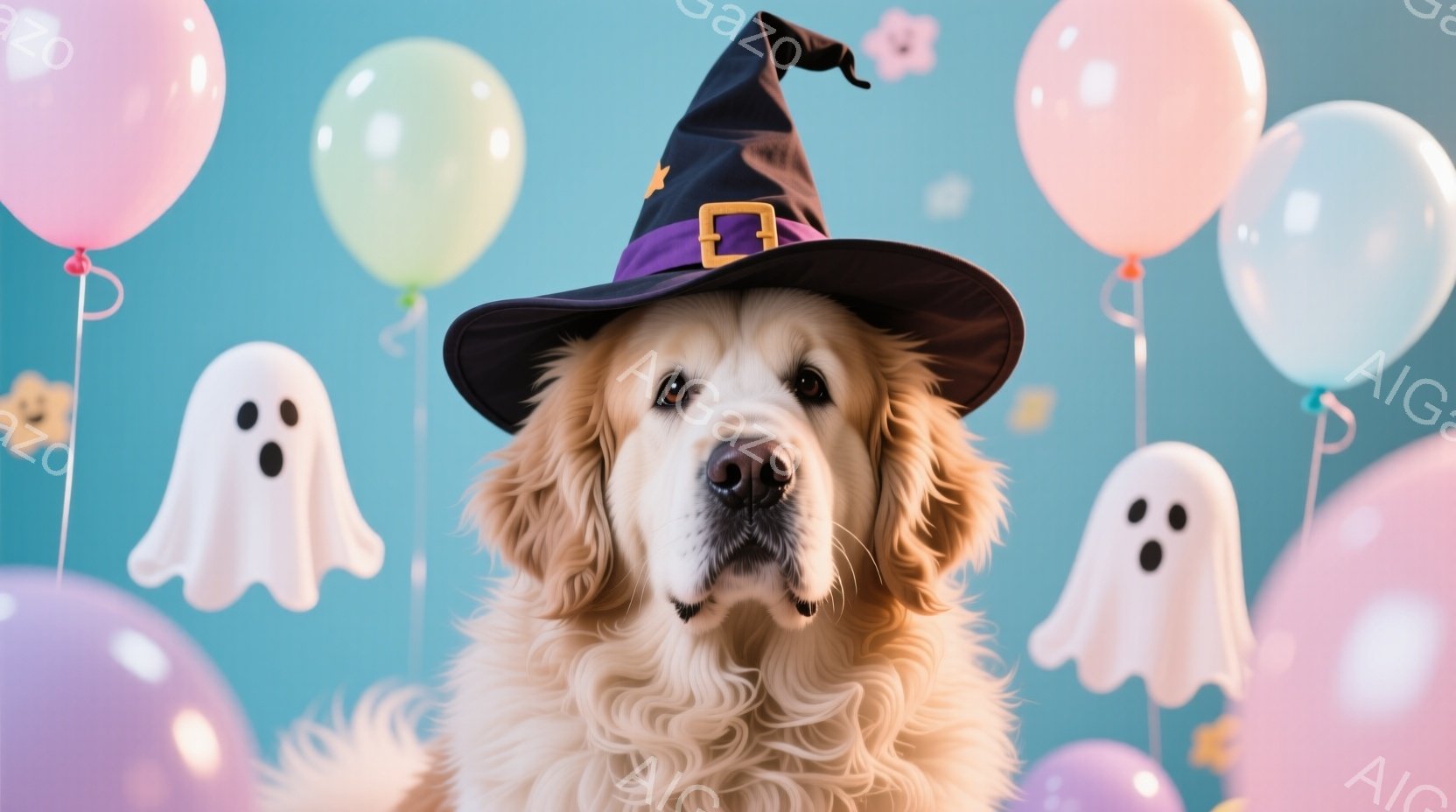 金色の毛並みを持つ犬が、ハロウィーンの魔女帽子を被って正面を見つめています。背景は水色の壁で、白、紫、ピンクの風船や幽霊の飾り付けが浮かび、お祝いの雰囲気を醸し出しています。犬は穏やかで優しい表情をし - AI生成フリー素材