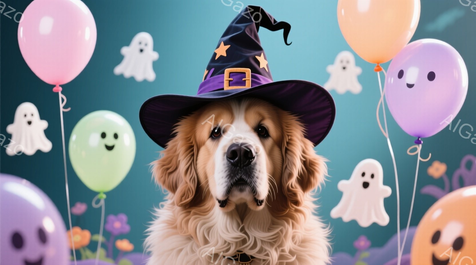 金色の毛並みの大型犬が、ハロウィーンらしい黒い魔女帽子を被っています。犬はカメラに向かってまっすぐ見つめ、穏やかで少し物憂げな表情を浮かべています。背景には、パステルカラーの風船や可愛いお化けのイラス - AI生成フリー素材