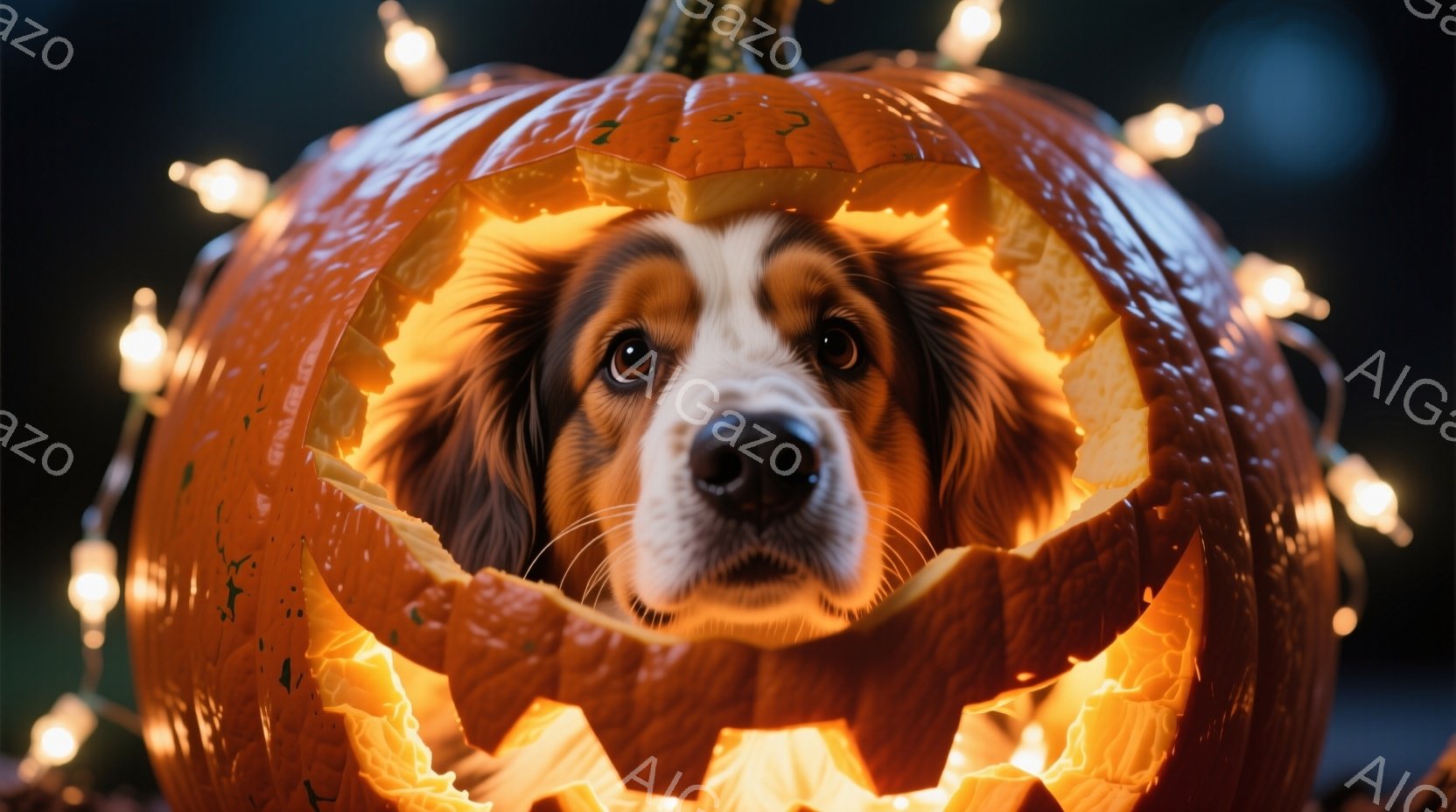 オレンジ色のくり抜かれたハロウィンのカボチャの中に、毛並みの美しい犬が顔を出しています。犬は少し不安そうな表情で正面を見つめており、カボチャからのオレンジ色の光がその顔を照らしています。背景にはぼやけた光の連なりがあり、全体的に温かく、少しミステリアスな雰囲気を醸し出しています。