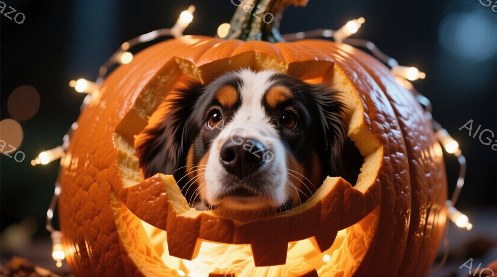 くり抜かれたオレンジ色のカボチャの中に、茶色と白の毛並みの犬が顔を出している様子を捉えています。犬は少し上を見ており、その表情は穏やかで、まるでハロウィンの飾りの一部のようにカボチャと一体化しています - AI生成フリー素材
