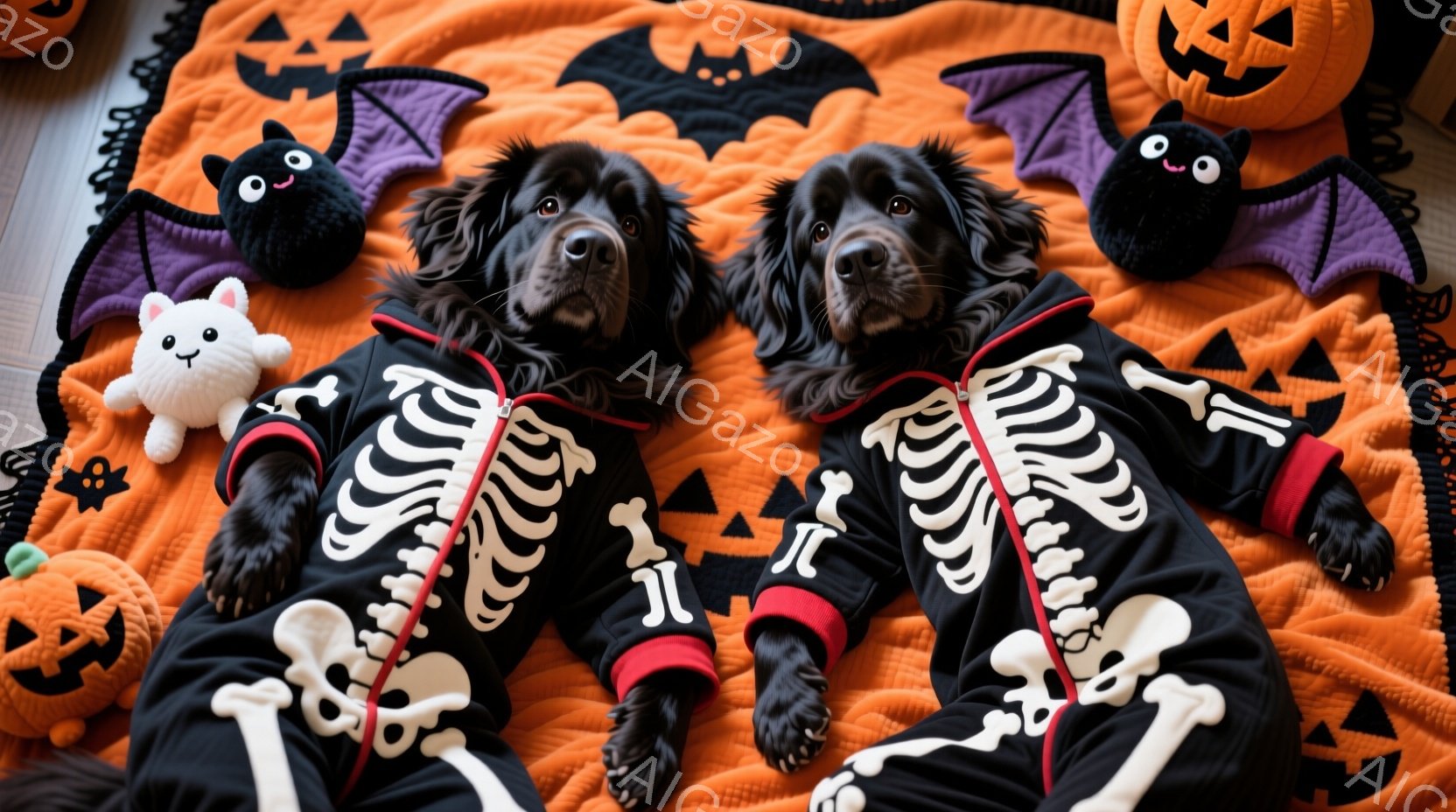黒い毛並みの犬が2匹、ハロウィーンをテーマにしたオレンジ色の背景に、骸骨模様の衣装を着て並んでいます。犬たちは前足を伸ばし、リラックスした表情でカメラを見つめており、背景にはかぼちゃやコウモリのおもち - AI生成フリー素材