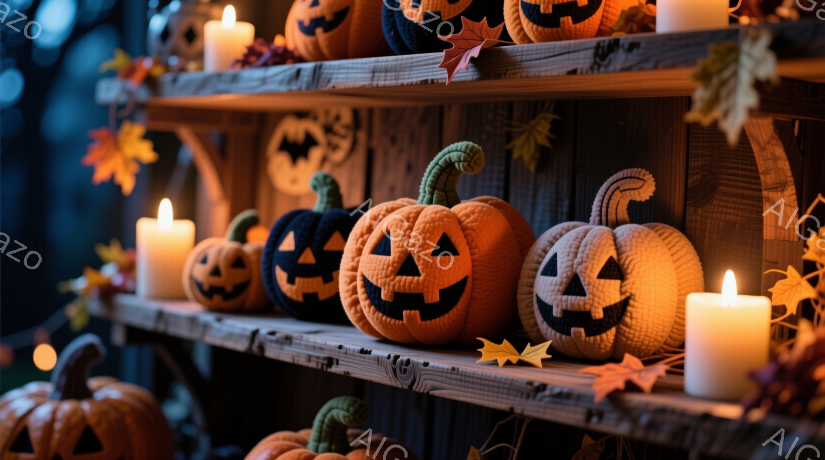 浅い木製の棚に、様々な色の編み物のカボチャが並べられています。カボチャはオレンジ、黒、緑と様々な色をしており、それぞれがジャック・オー・ランタンのような顔を持っています。背景には暗い木製の壁があり、所 - AI生成フリー素材