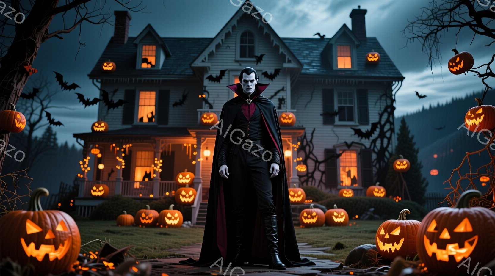 深い赤色の裏地がついた黒いコートを羽織り、黒いシャツとズボンを身につけた男性が、お化け屋敷の前に立っている。彼は真剣な表情で、まっすぐ前を見据え、腕は体の横に置いている。背景には、ハロウィンのカボチャが庭を飾り、暗い森と暗い空が不気味な雰囲気を醸し出している。