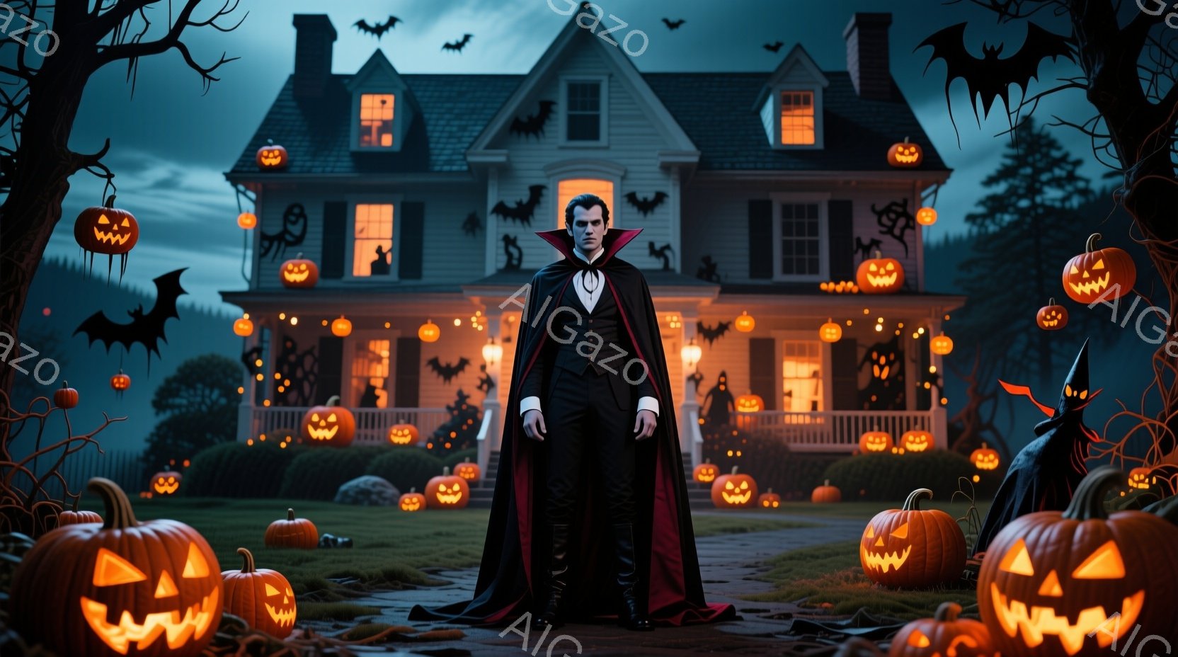 漆黒のケープと燕尾服を着た男性が、ハロウィーンの飾り付けがされた家の前に立っている。彼は鋭い目つきで、少し不気味な表情を浮かべている。背景には、カボチャのランタンやコウモリが舞い、薄暗い夜空が広がり、不気味で幻想的な雰囲気を醸し出している。