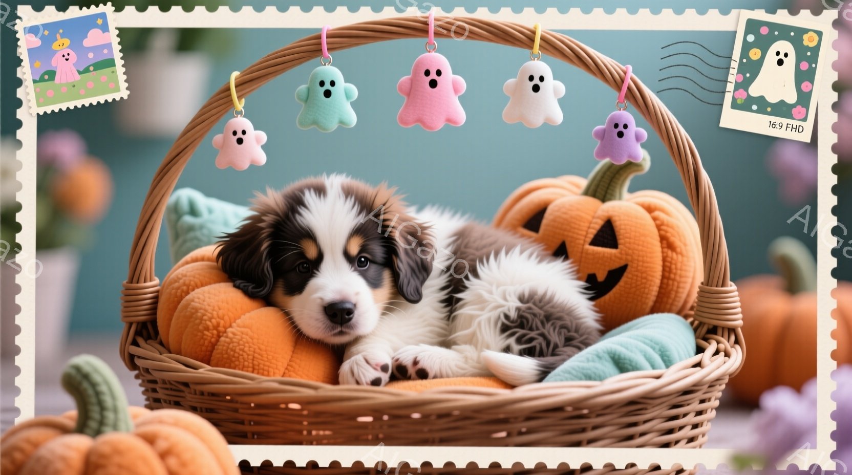 小さな子犬が、ハロウィンのカボチャに囲まれた籐のバスケットの中で丸まって眠っています。子犬は茶色と白の毛並みで、可愛らしい表情をしています。背景には、ぼやけたピンク色の花と、可愛らしいお化けの飾りがあります。