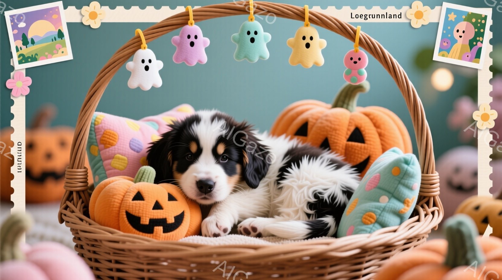 本、ハロウィンテーマのイメージです。中央には黒と白の子犬が座っており、周りには「Halloween」と書かれた豆やパンプキンなどの飾り物が整理されています。背景にはクリームカラフト風の描画があり、暗い色合わせによる不気味な空間を作り出しています。