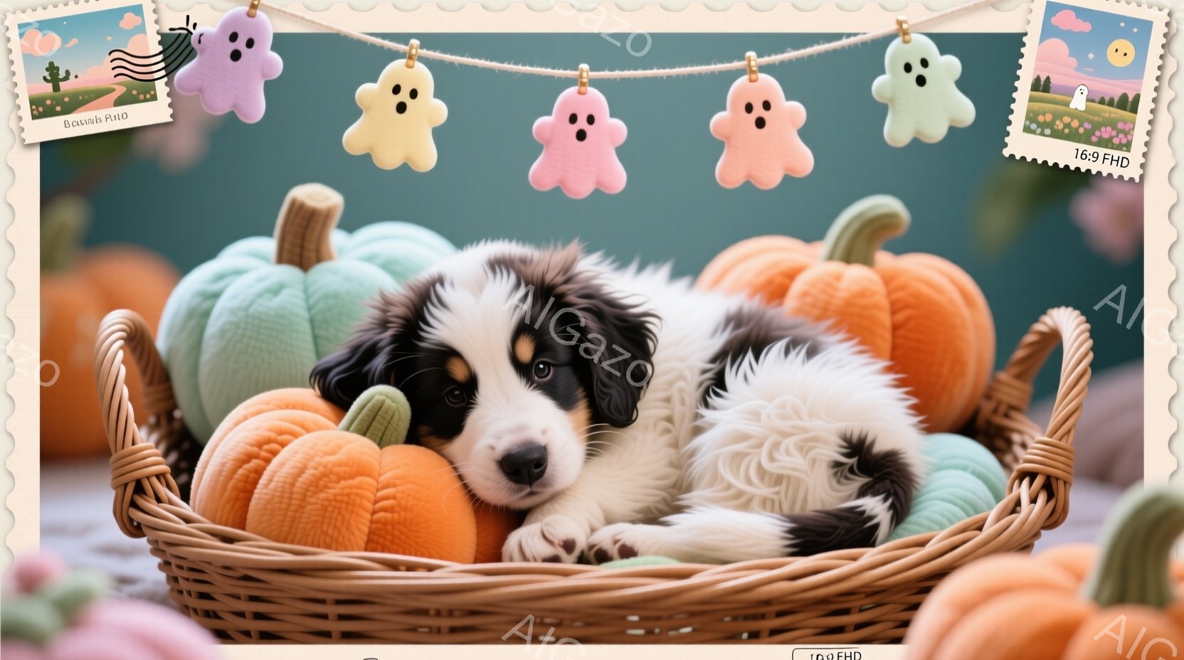 籠の中にふわふわとした毛並みのパピーが丸まって眠っています。オレンジと薄緑色のカボチャが籠の周りに置かれ、上には可愛らしいお化けのガーランドが飾られています。全体的に暖かく、秋らしい雰囲気で、パピーの愛らしさが際立っています。