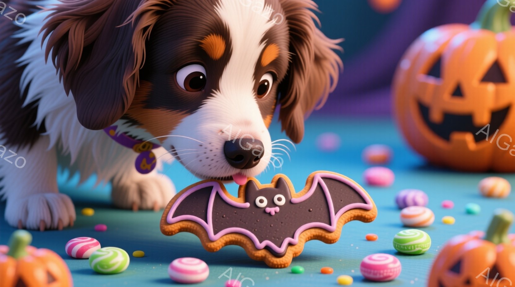 茶色と白の毛並みの可愛い犬が、ハロウィーンのクッキー（コウモリの形）を口元に近づけています。背景には、カラフルなキャンディや、ジャック・オ・ランタンが散りばめられ、青緑色の床がハロウィーンの楽しい雰囲 - AI生成フリー素材