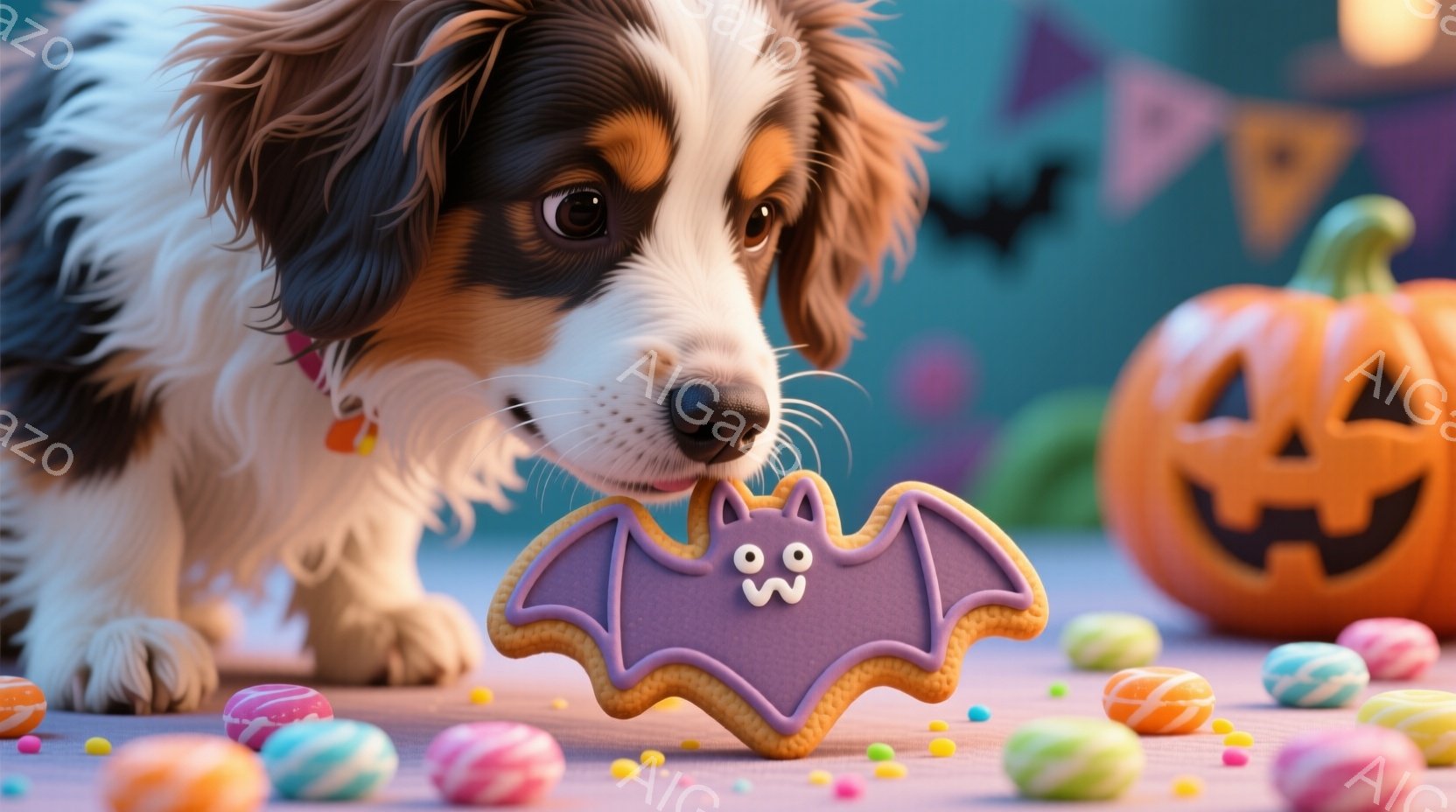 茶色と白の毛並みを持つ犬が、ハロウィーンをテーマにしたクッキーに鼻を近づけています。背景には、様々なカラフルなキャンディーと、笑みを浮かべたジャック・オ・ランタンが置かれています。全体的に明るく、遊び心のあるハロウィーンの雰囲気が漂っています。