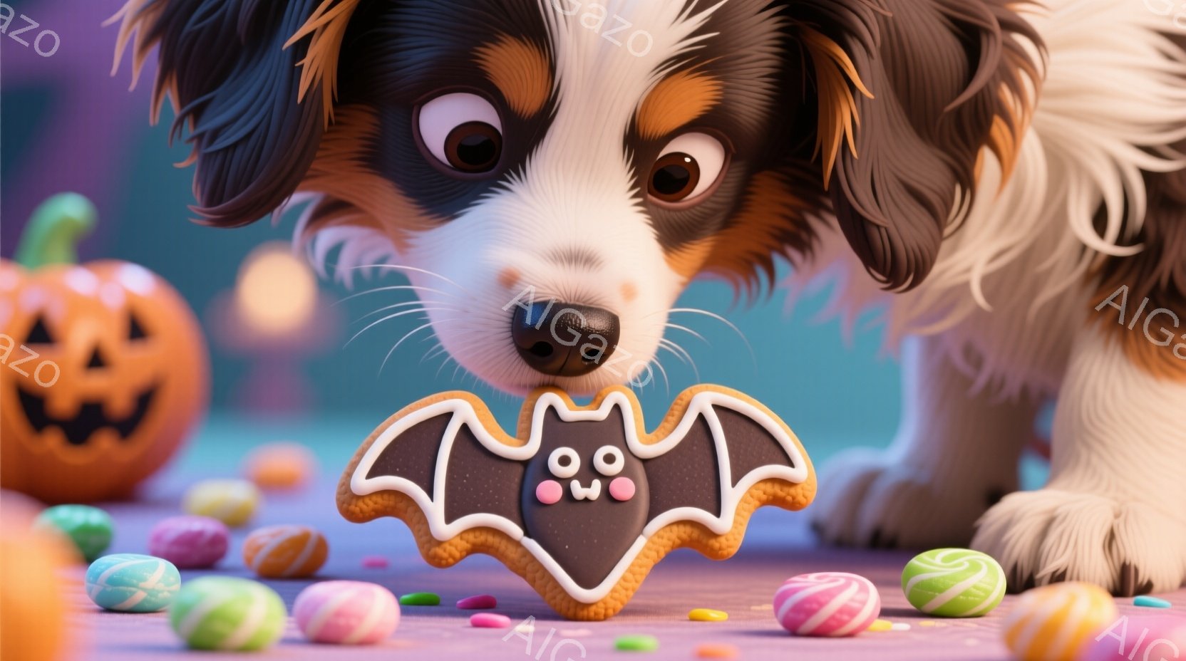 明るい青色の背景に、茶色と白の毛並みを持つ子犬がハロウィーンのクッキー（コウモリの形）を口にくわえています。周囲にはカラフルなキャンディーが散らばっており、左手にはジャック・オ・ランタンが置かれていま - AI生成フリー素材