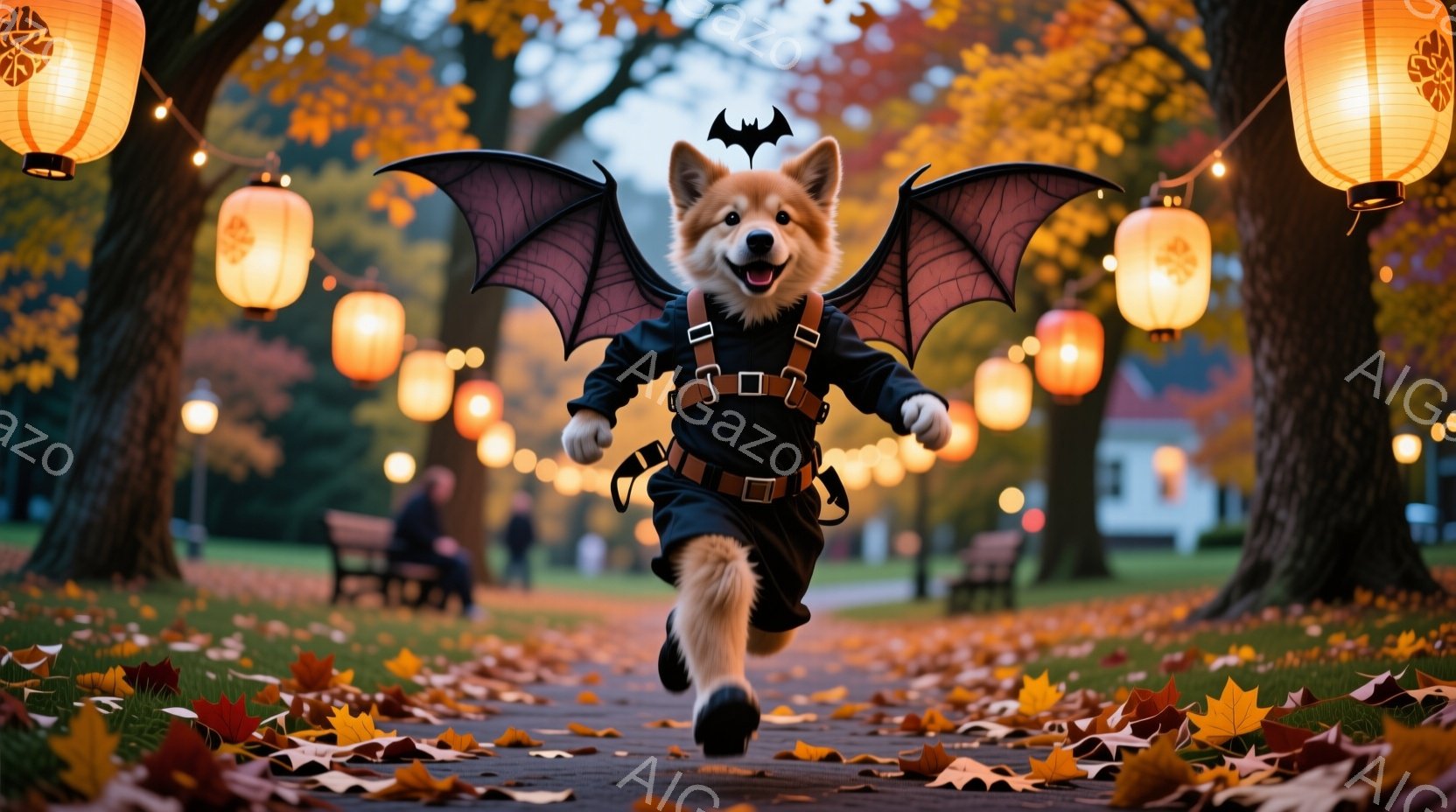 鮮やかな秋色の公園を柴犬が、コウモリの羽のような翼と黒い服を着て駆けている。背景にはベンチに座る人々や木々、そしてオレンジ色の提灯が並び、まるでハロウィンのような雰囲気を作り出している。落ち葉が散りばめられた道と、暖かい光が、犬の楽しげな表情と相まって、秋の楽しい一日を表現している。