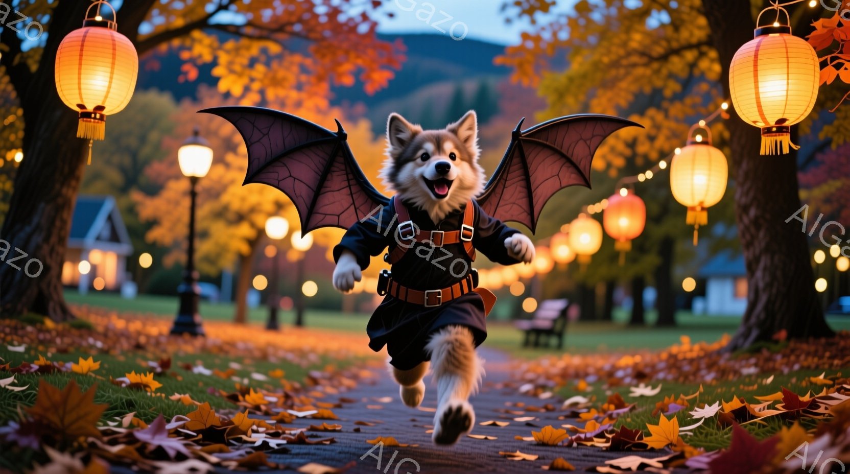 白くてふわふわの犬が、黒いコスチュームと翼をつけて、公園の小道を走っている。背景には、オレンジ色や黄色の落ち葉が散りばめられた緑の芝生と、夕暮れ時の暖かい光に照らされた建物や街灯が見える。全体的に、秋 - AI生成フリー素材