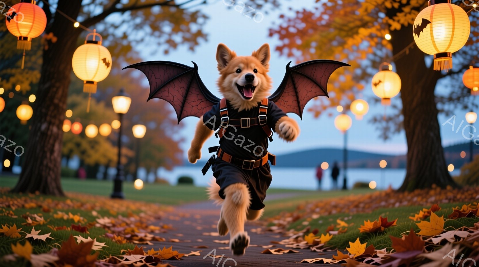 オレンジ色の毛並みの犬が、ハロウィンのためにコウモリの翼のコスチュームを着て、公園の小道で走り回っている。背景には、夕暮れ時の湖と、ハロウィンの提灯が並ぶ木々が見え、落ち葉が敷き詰められた道が秋の雰囲 - AI生成フリー素材