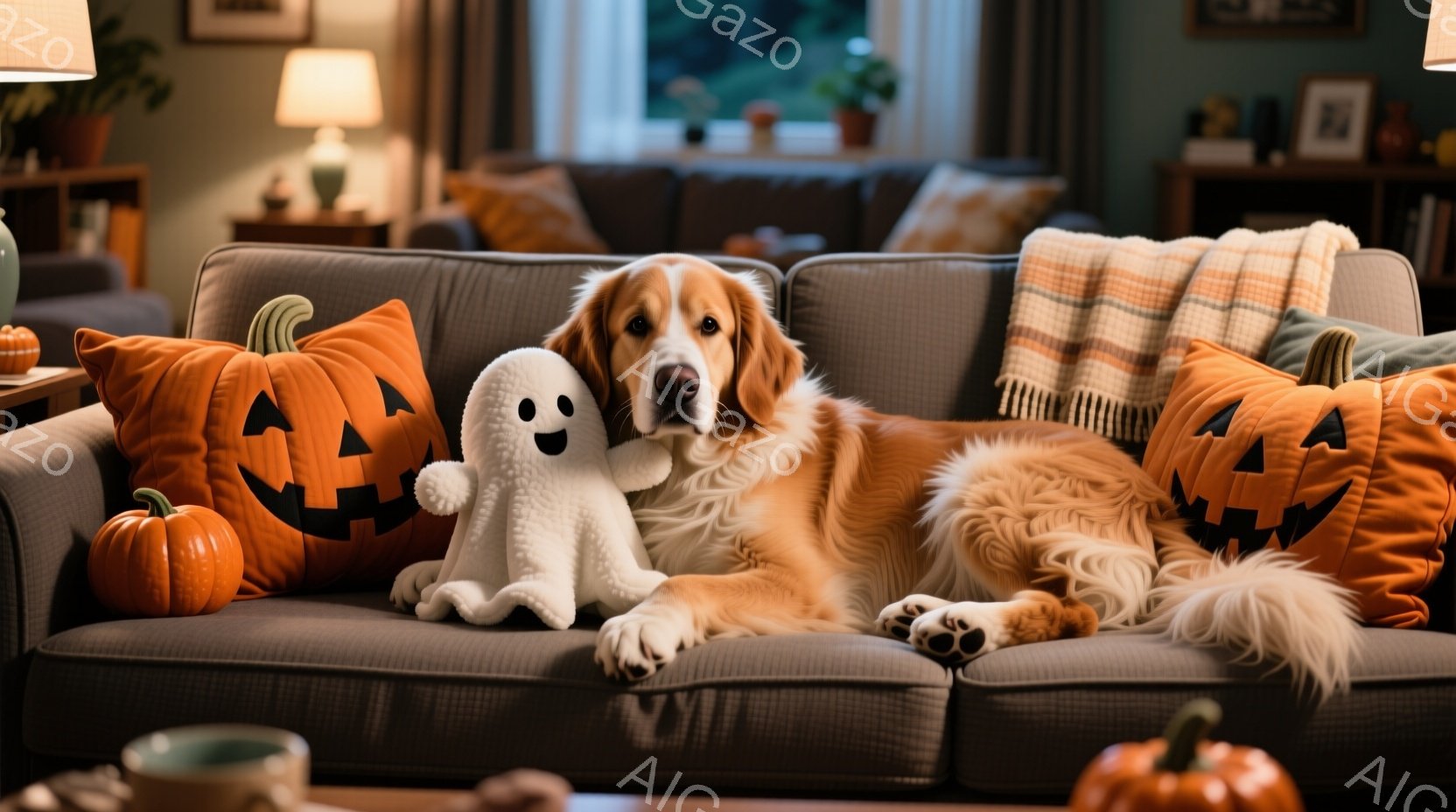 暖炉のある居間に、クリーム色の毛並みの大型犬が横たわっています。ハロウィーンの飾りであるカボチャのクッションやぬいぐるみ、小さなカボチャが犬の周りに置かれ、秋の温かく穏やかな雰囲気を演出しています。犬はリラックスした表情で、居間のソファでくつろいでいます。
