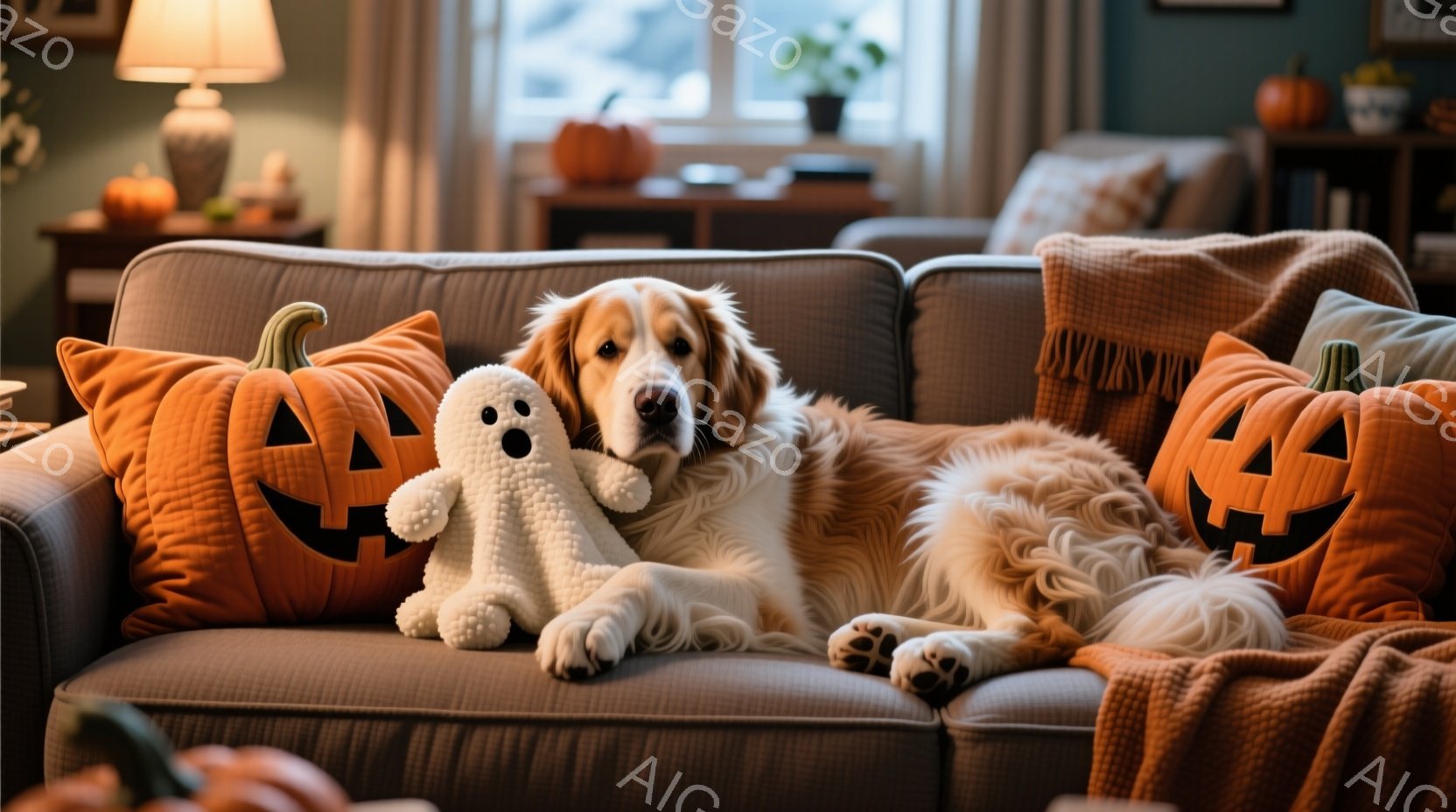 ソファに横たわるゴールデンレトリバーが写っています。ハロウィーンの飾りであるカボチャのクッションと幽霊のぬいぐるりに囲まれ、リラックスした表情をしています。背景には、ハロウィーンの装飾が施された部屋の - AI生成フリー素材