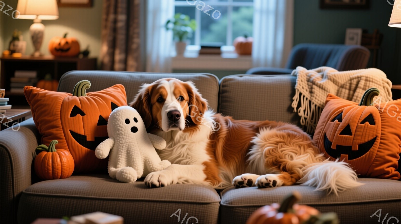 暖炉のあるリビングルームのソファに、大きな毛並みの犬が横たわっています。犬はリラックスした様子で、可愛らしいお化けのぬいぐるみとハロウィーンのパンプキン柄のクッションに囲まれています。背景にはオレンジ - AI生成フリー素材