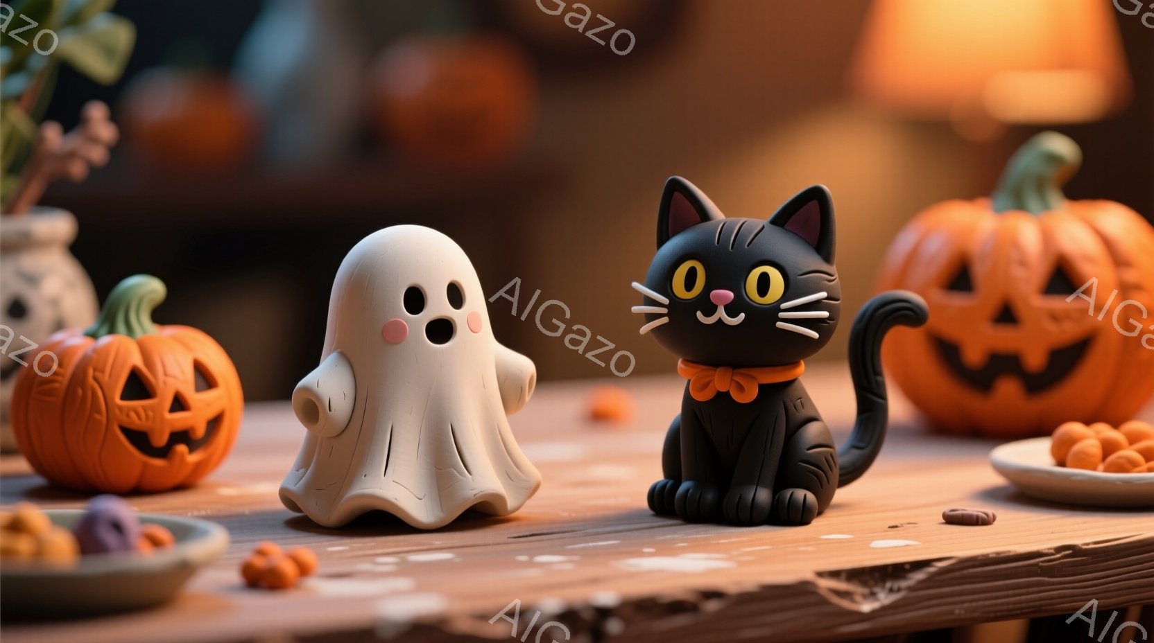 ホログラフィックのような見た目を持っており、主要なキャラクターはハロウィン（仮面祭）テーマに沿ったデザインです。左側には、白い幽霊のようなキャラクターが表示されており、右側には黒猫のキャラクターが見られます。両者は表情を無にし、動作や姿勢も特定できません。背景にはホログラフィックなホワイング（紫色の混ざり）が使われており、全体の雰囲気はホログラフィックな美しさと詩的で夢のような印象を与えます。