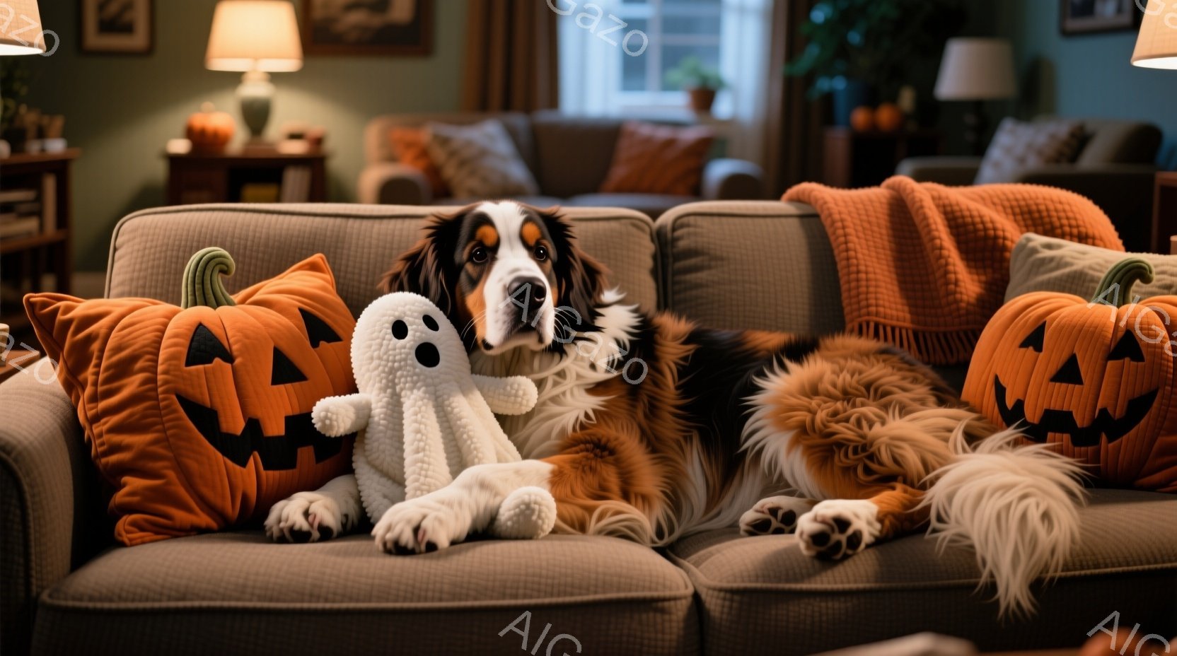 ソファの上には、毛並みの美しい大型犬が横たわっており、ハロウィーンをテーマにしたカボチャのクッションと、白いお化けのぬいぐるみに囲まれています。犬はリラックスした表情で、正面を見つめており、背景には暖 - AI生成フリー素材