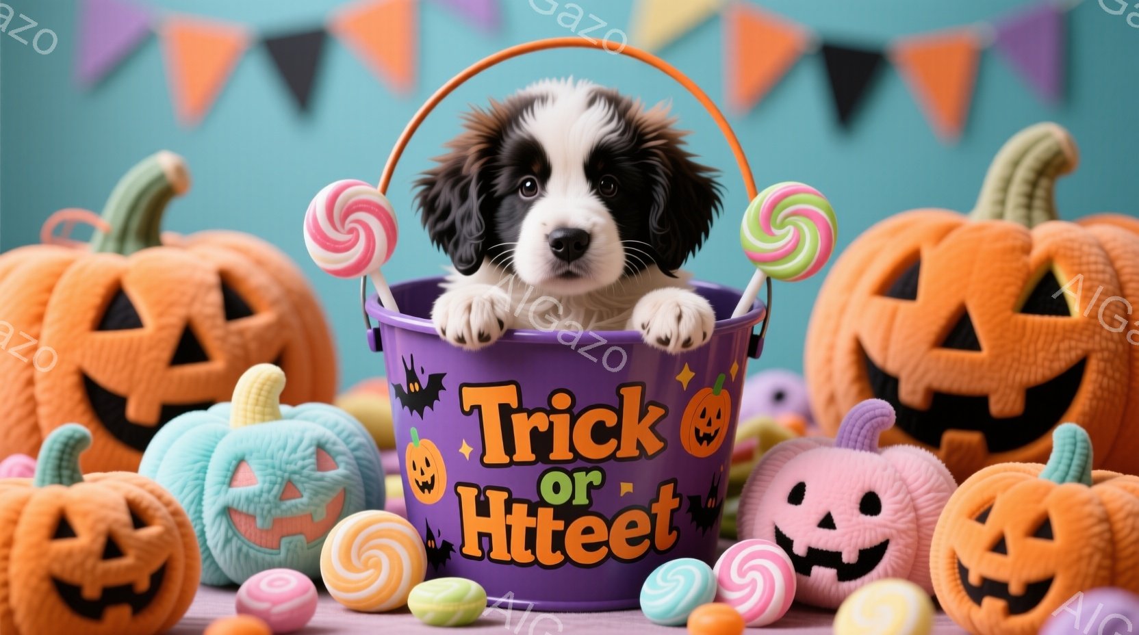 紫色のハロウィーンのバケツの中に、茶色と白の毛並みを持つ子犬が可愛らしく座っています。バケツの周りには、キャンディーやカラフルなハロウィーンのパンプキンが配置され、お祭り気分を盛り上げています。背景に - AI生成フリー素材