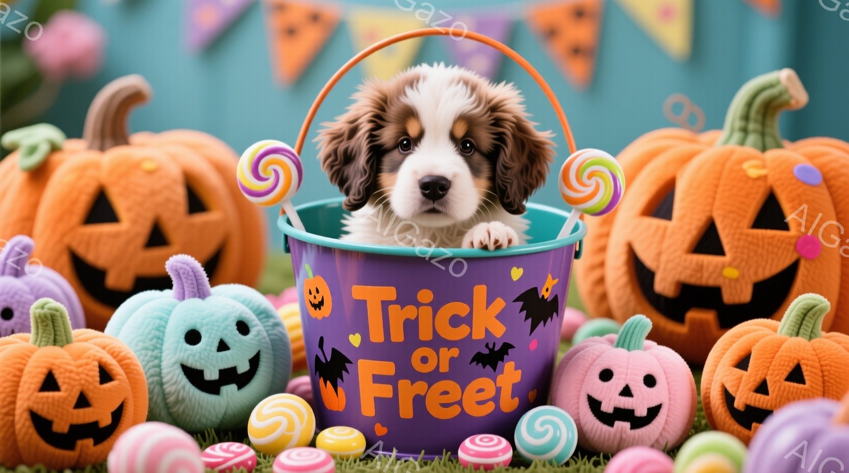 明るい紫色のハロウィーンのバケツに、ふわふわのクリーム色の毛並みをした子犬がちょこんと座っています。バケツには「Trick or Treat」と書かれ、周囲にはオレンジと紫のジャック・オ・ランタンやキャンディーが散りばめられ、緑の草の上で可愛らしい雰囲気を醸し出しています。全体的に暖かく、ハロウィーンの楽しいお祝いの様子を表しています。