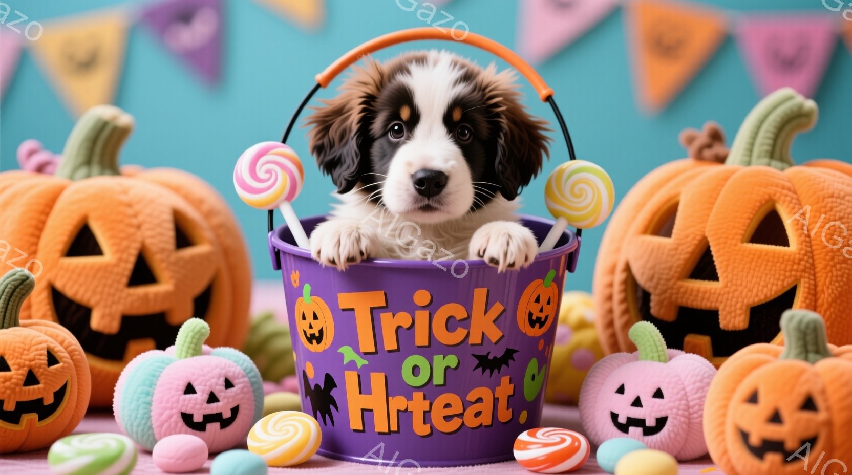 紫色の「トリック・オア・トリート」と書かれたバケツの中に、可愛らしい子犬が座っています。周囲にはオレンジ色のジャック・オ・ランタンと様々なキャンディが散りばめられており、ハロウィーンの雰囲気満載です。 - AI生成フリー素材
