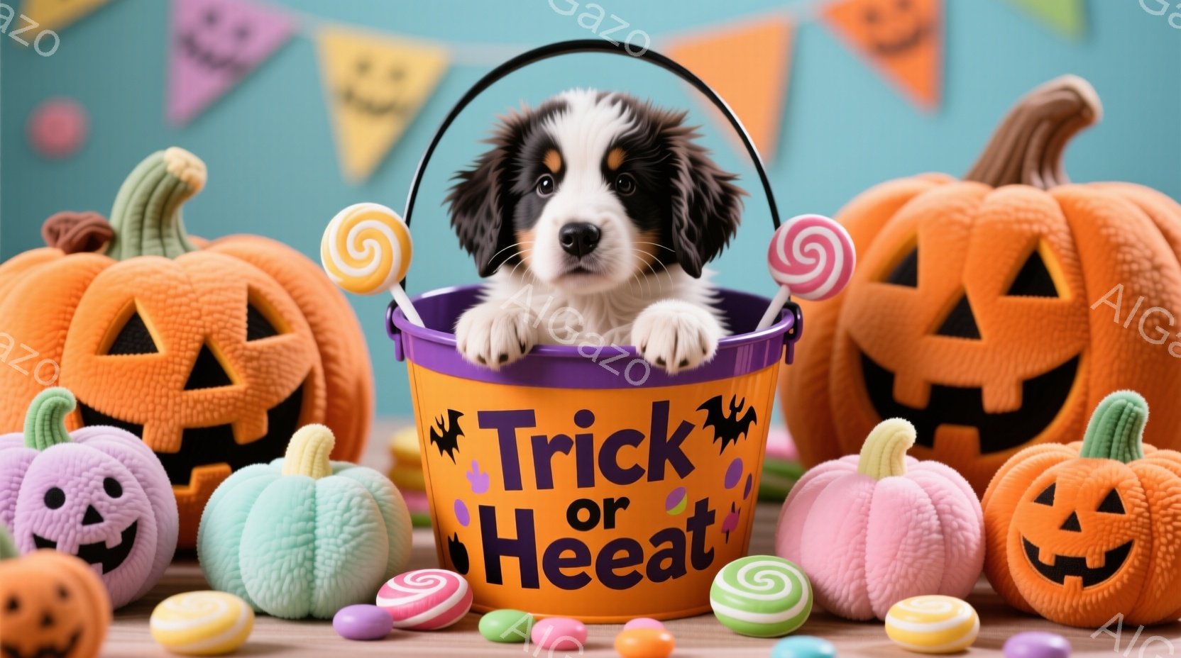 ハロウィンテーマを持つ飼い主が写真を撮影する場面を表しています。 ハリーポッター風の犬がカスタムトリックオアヒートバッグに入っており、犬はとても小さくて可愛らしく見えます。バッグの周りに多くのハロウィンの装飾があり、これはおそらく屋内で撮影されたと思われます。犬はとても活発で、お腹に手を伸ばしているように見えます。全体的に楽しみが凝縮された雰囲気があります。