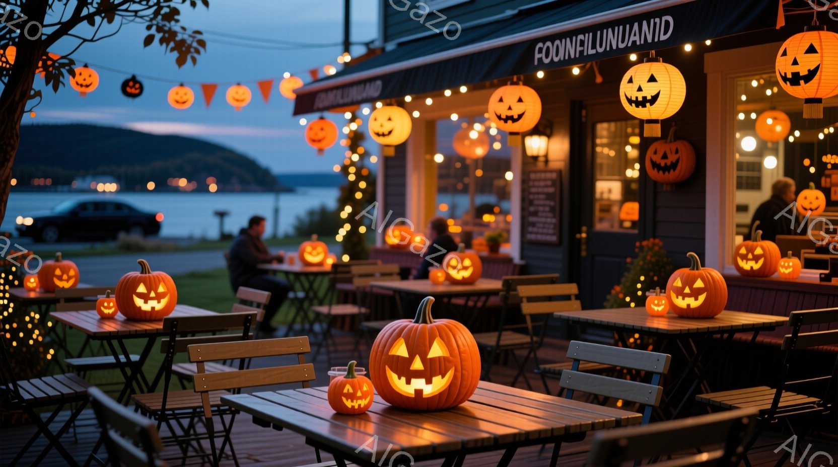 ハロウィーンの装飾で飾られた屋外のレストランの様子です。テーブルや地面には、様々な大きさのジャック・オ・ランタンが配置され、暖かくオレンジ色の光を放っています。背景には、暗い空と建物、そして遠くの山々が見え、穏やかで幻想的な雰囲気を醸し出しています。