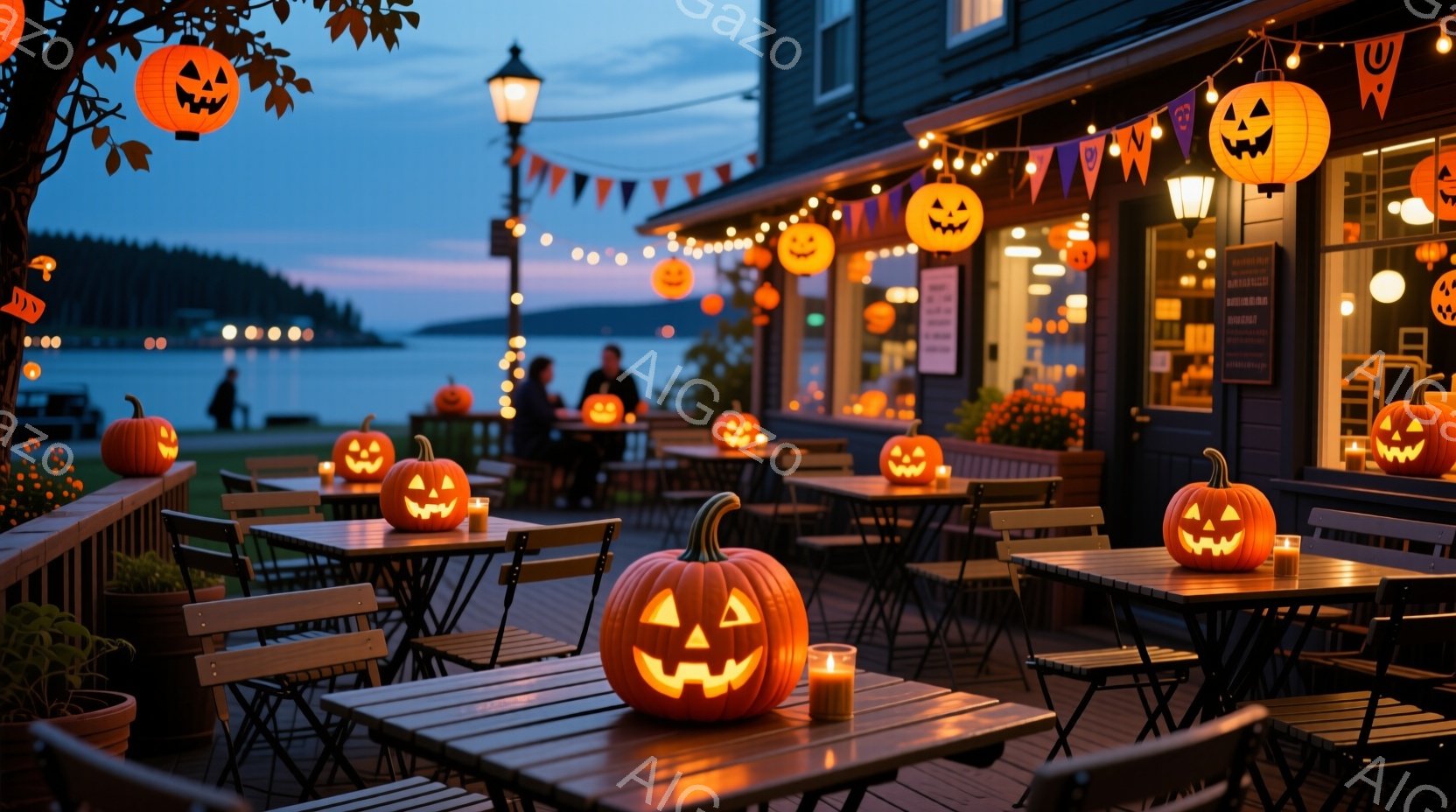 ハロウィーンの装飾で彩られた屋外のダイニングエリアで、テーブルごとに彫刻されたジャック・オー・ランタンが灯っています。薄暗い夕暮れ時で、遠くには海が見え、背景には建物が並んでいます。暖色系の光が全体を - AI生成フリー素材